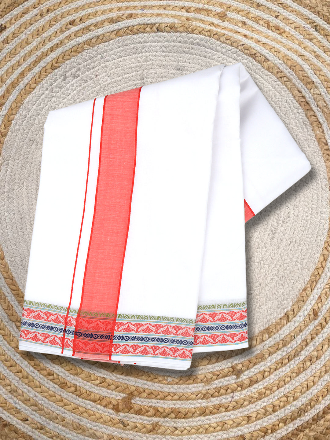 Men Cotton Red Fancy Border Panchakacham with Angavasthram Srirasthu(9+5) SR43