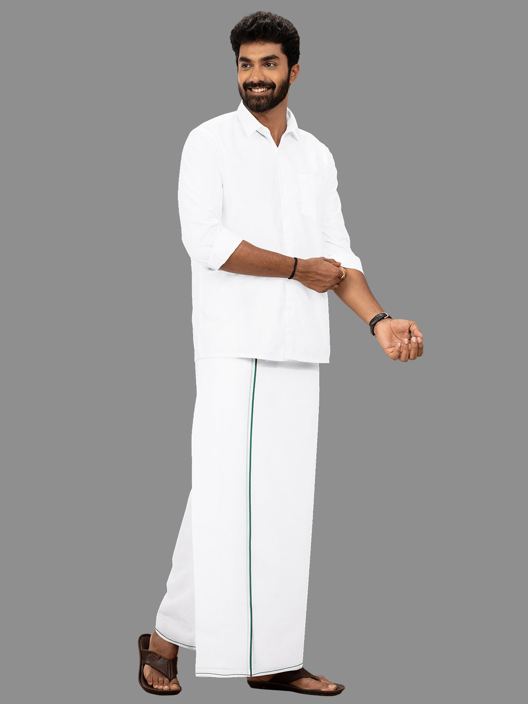 Men Cotton Blend Double Layer White Dhoti with Small Border Gold Win Spl