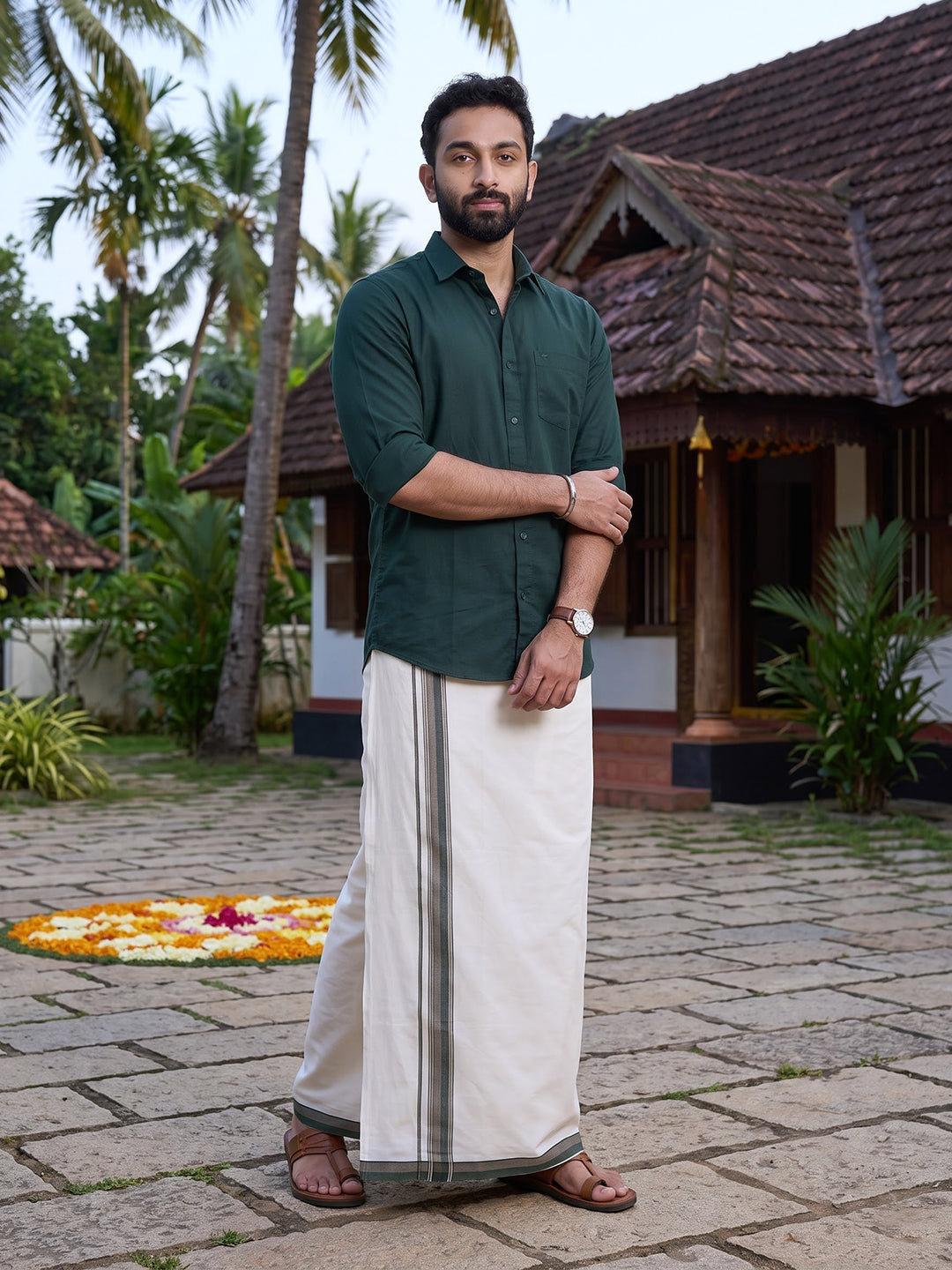 Double Layer 100% Cotton White Dhoti with Colour Jari Border - LC45