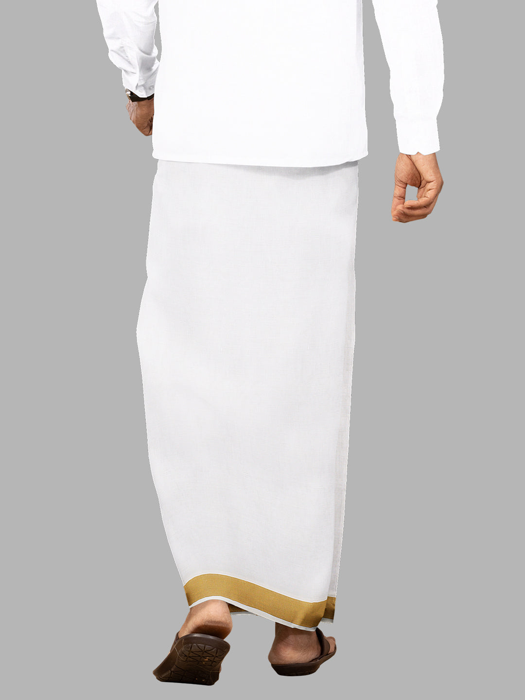 Men Cotton Blend Single Layer White Dhoti with Gold Fancy Border