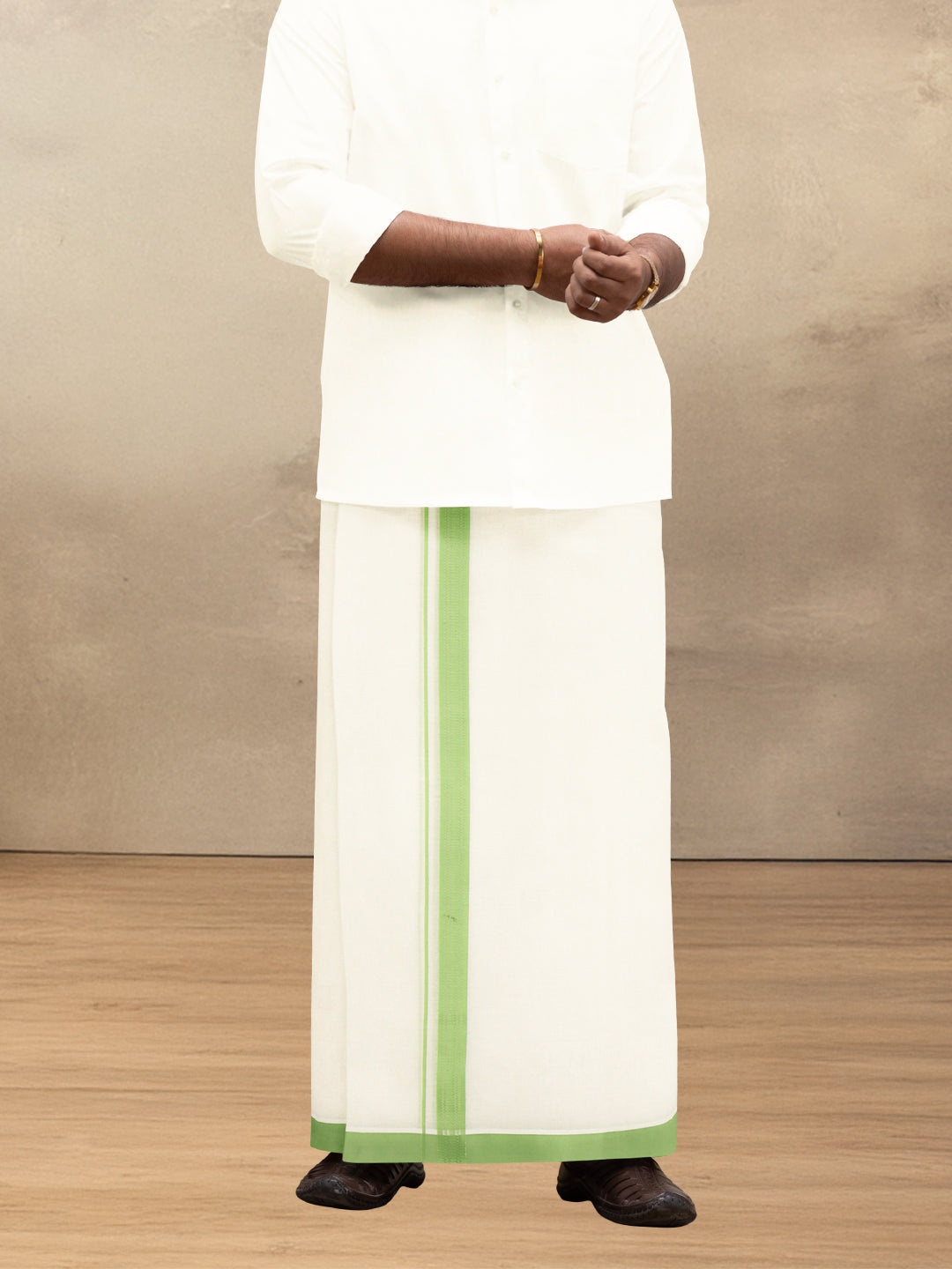 Men Kora Cotton Double Layer Dhoti with Green Fancy Border VKF06