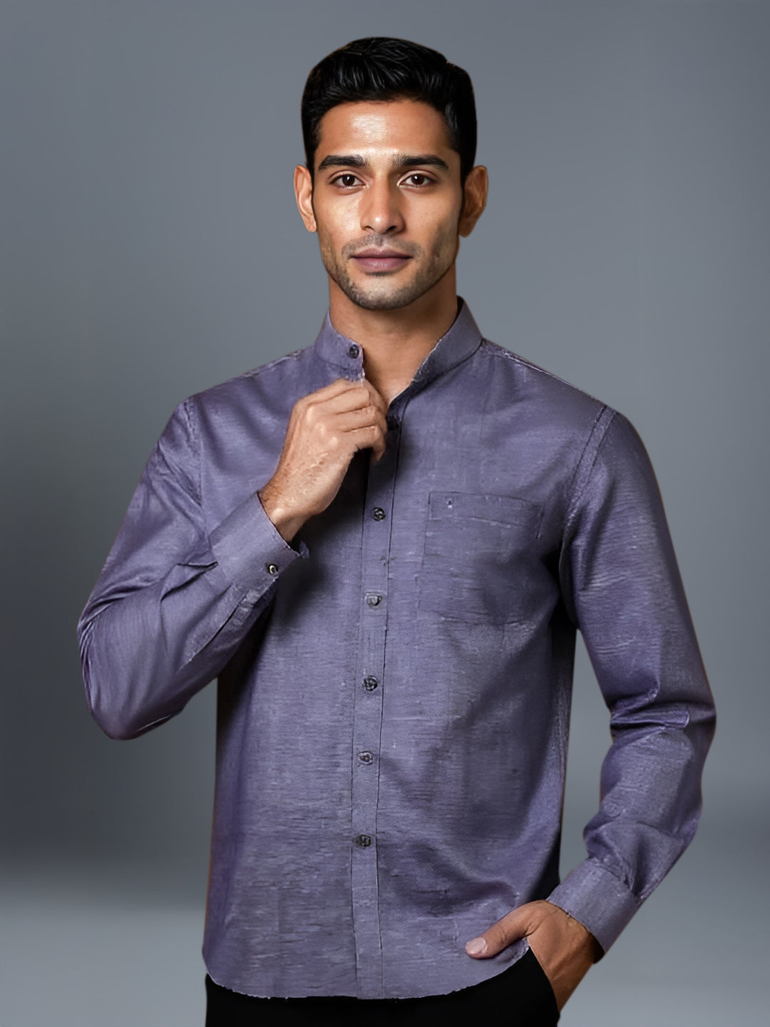 Men Cyan Blue Linen Cotton Chinese Collar Shirt LF6