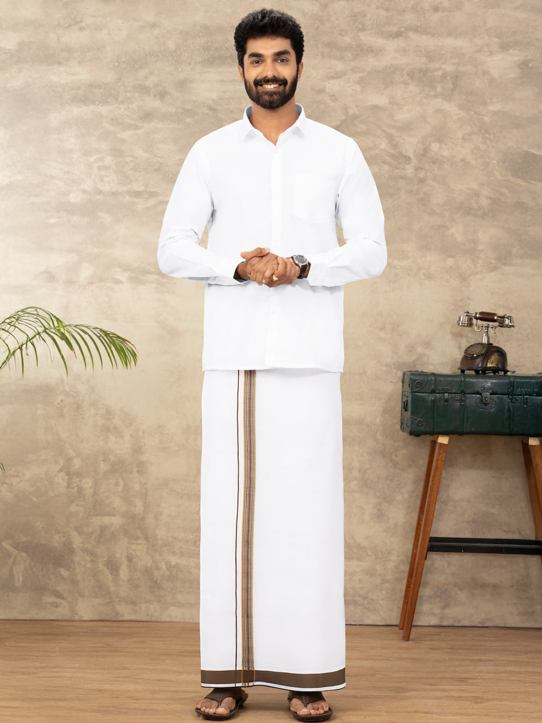 Men Cotton Blend Single Layer White Dhoti with Fancy Jari Border WGF08
