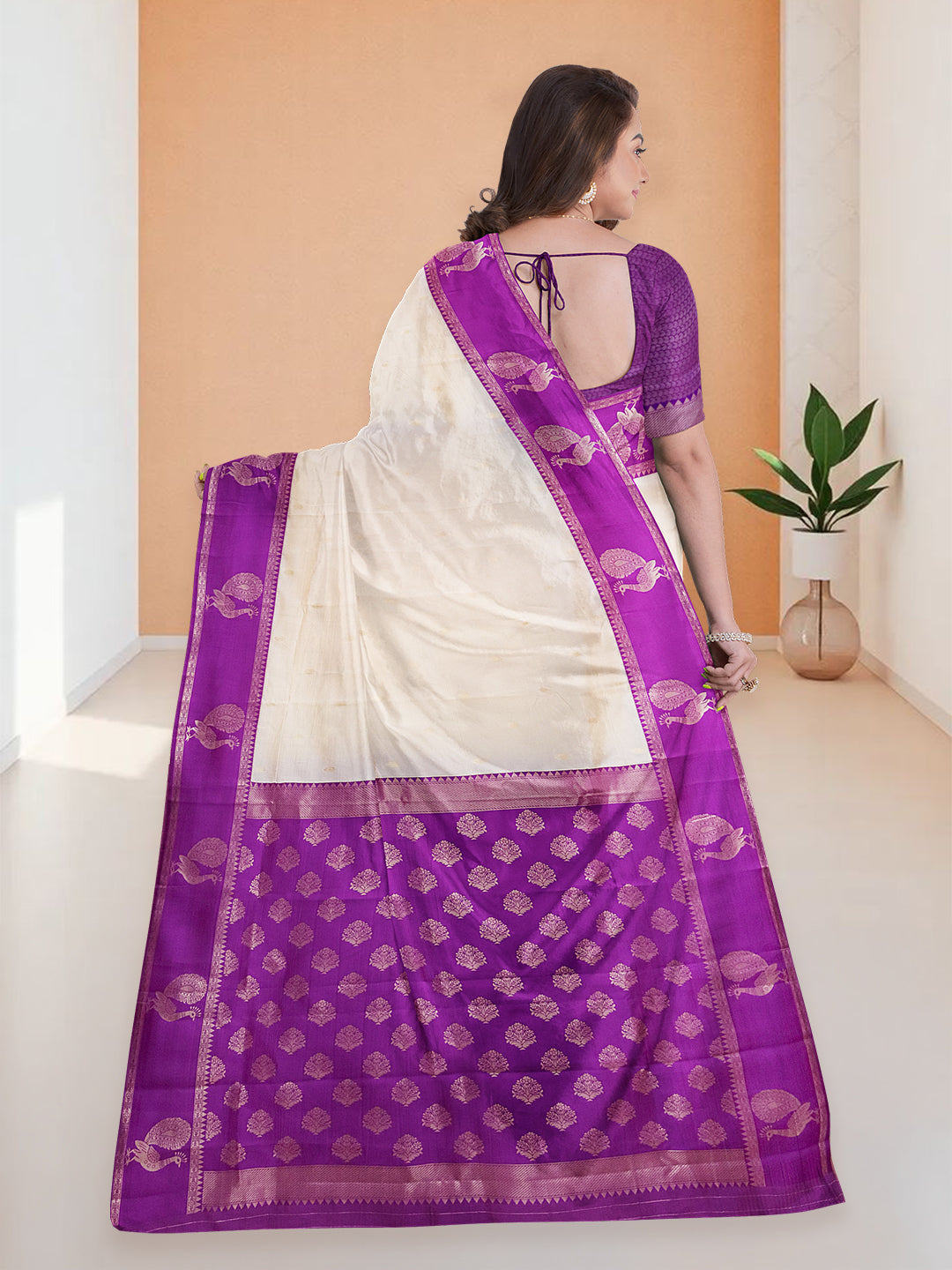 Women Cream with Violet  Art Silk Saree ASS99
