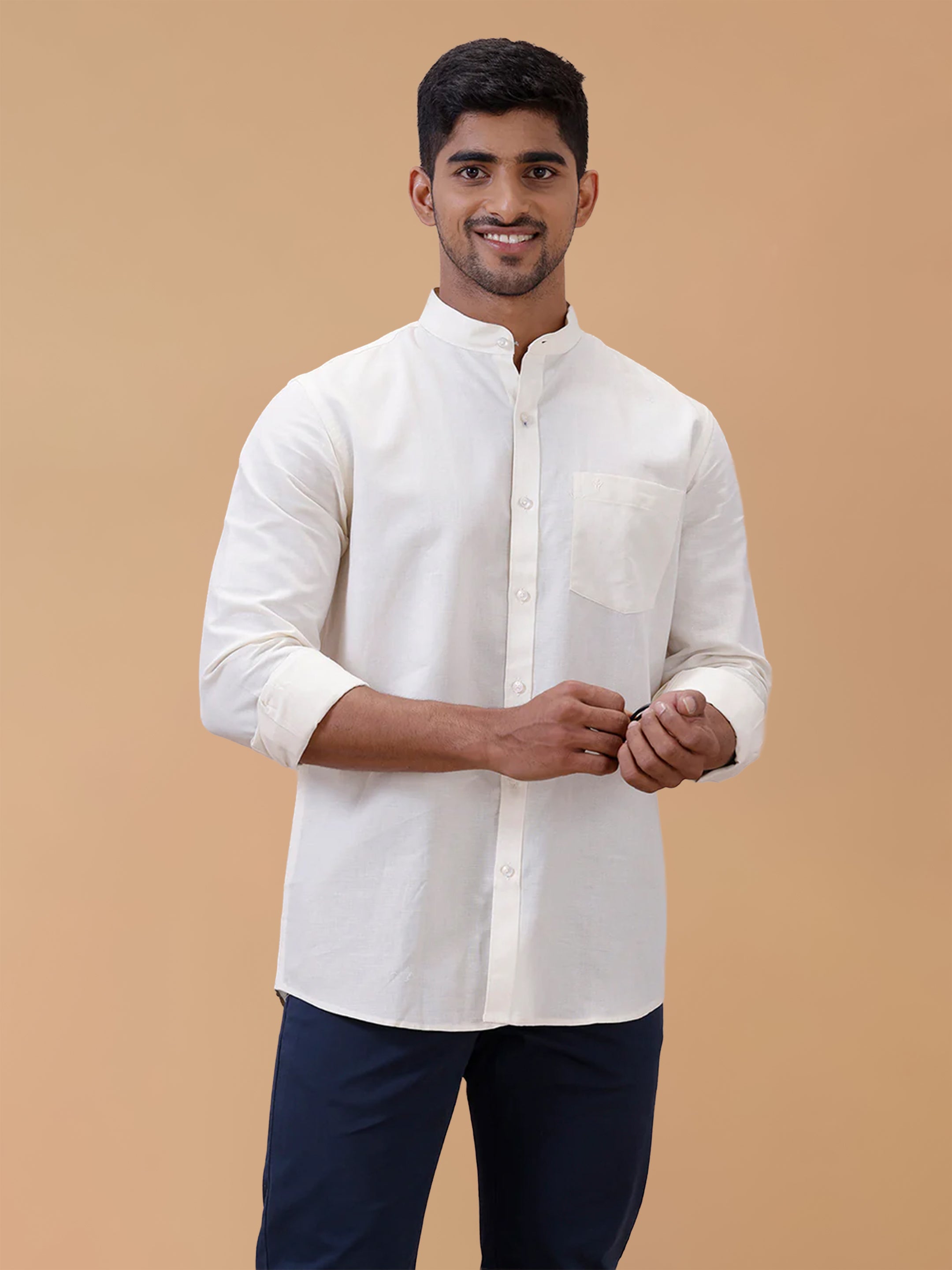 Linen Cotton Cream Chinese Collar Regular Fit Shirt LF12