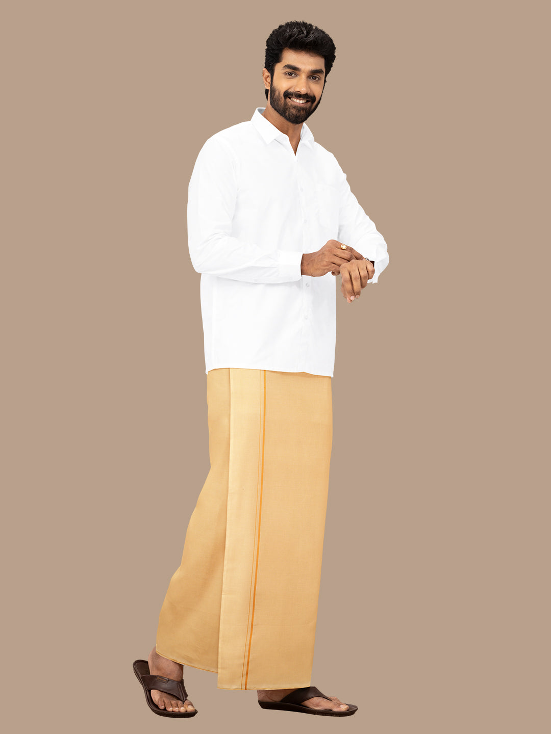 Men 100% Cotton Single Layer Light Kaavi Dhoti with Assorted Border Poojan SB