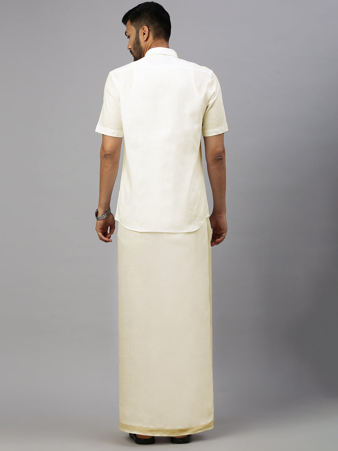 Men Pure Linen Double Layer Cream Dhoti with Gold Jari Border