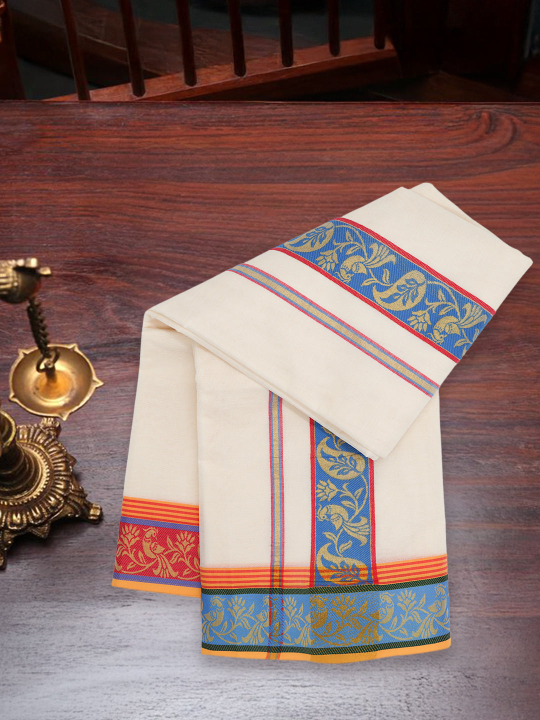 Men Kora Cotton Fancy Jari Border Panchakacham with Angavasthram Cream(9+5)