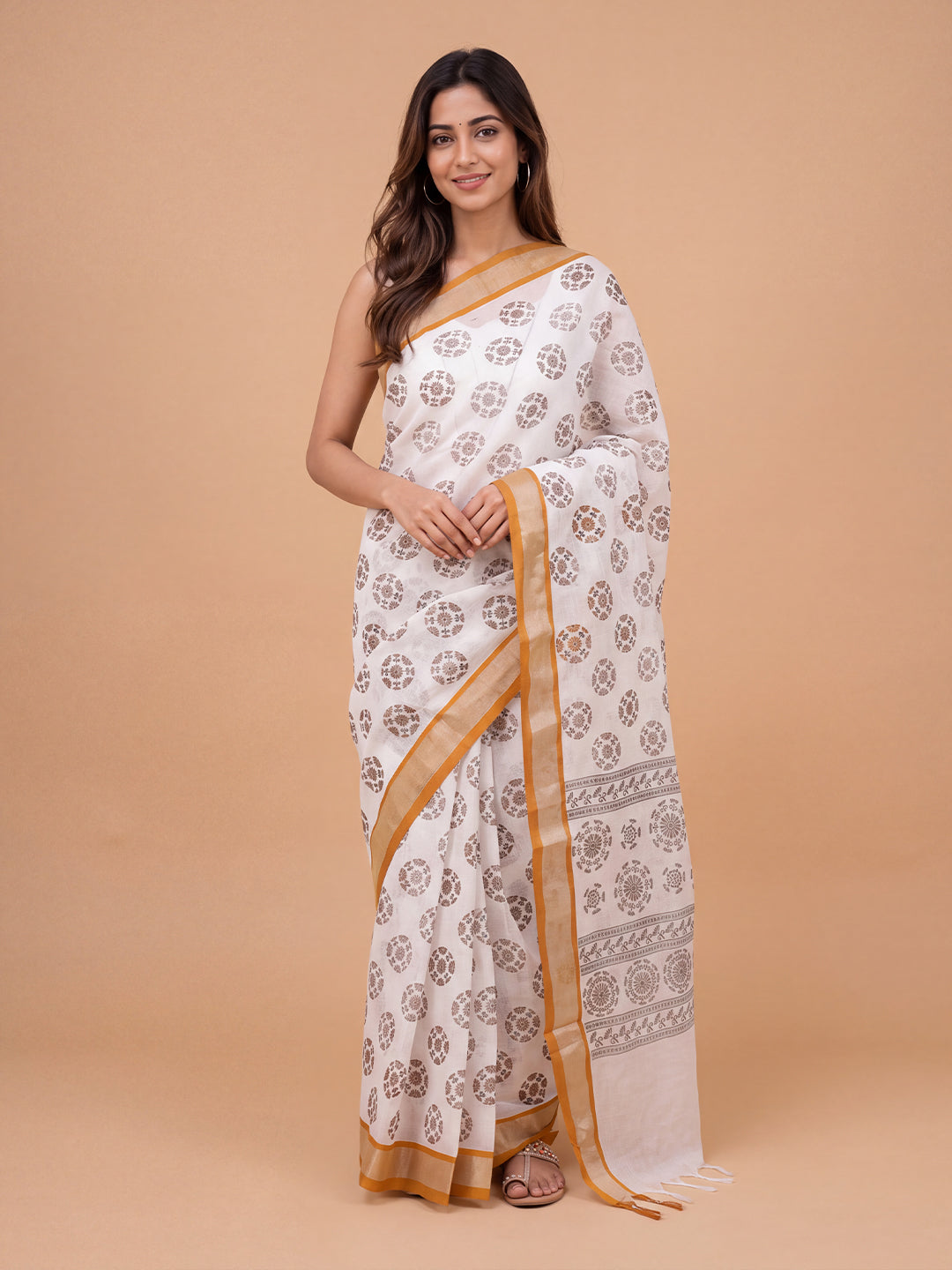 Women Semi Linen White with Brown Printed Saree SL265