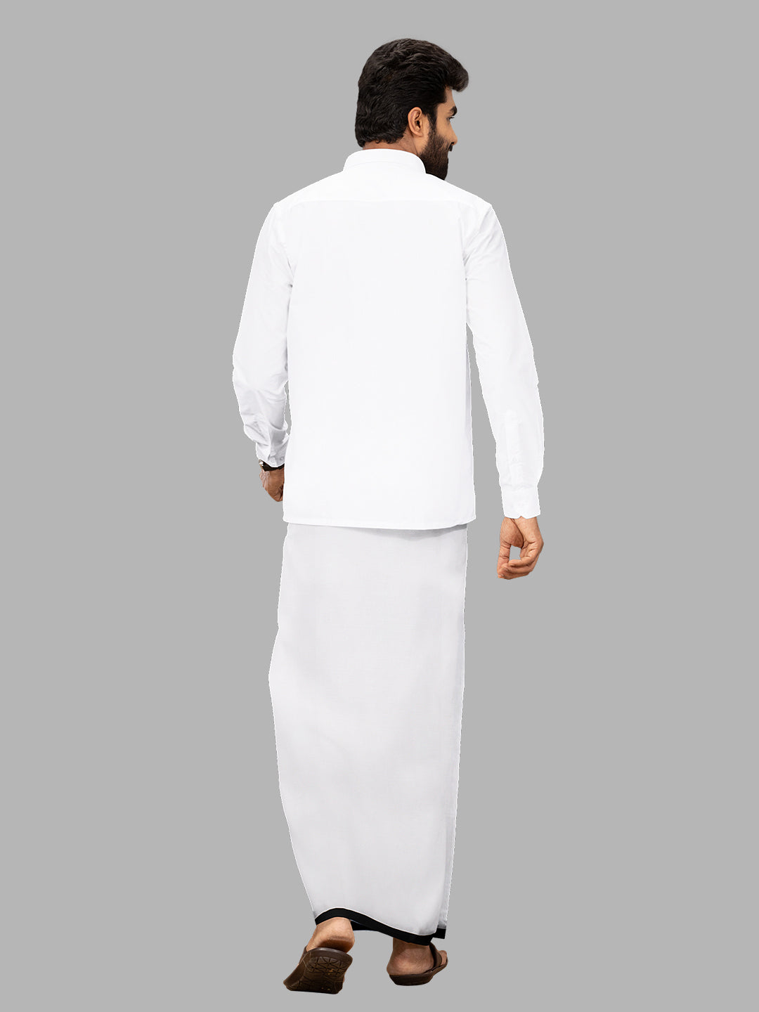 Men 100% Cotton Single Layer White Dhoti with Black Fancy Border Image