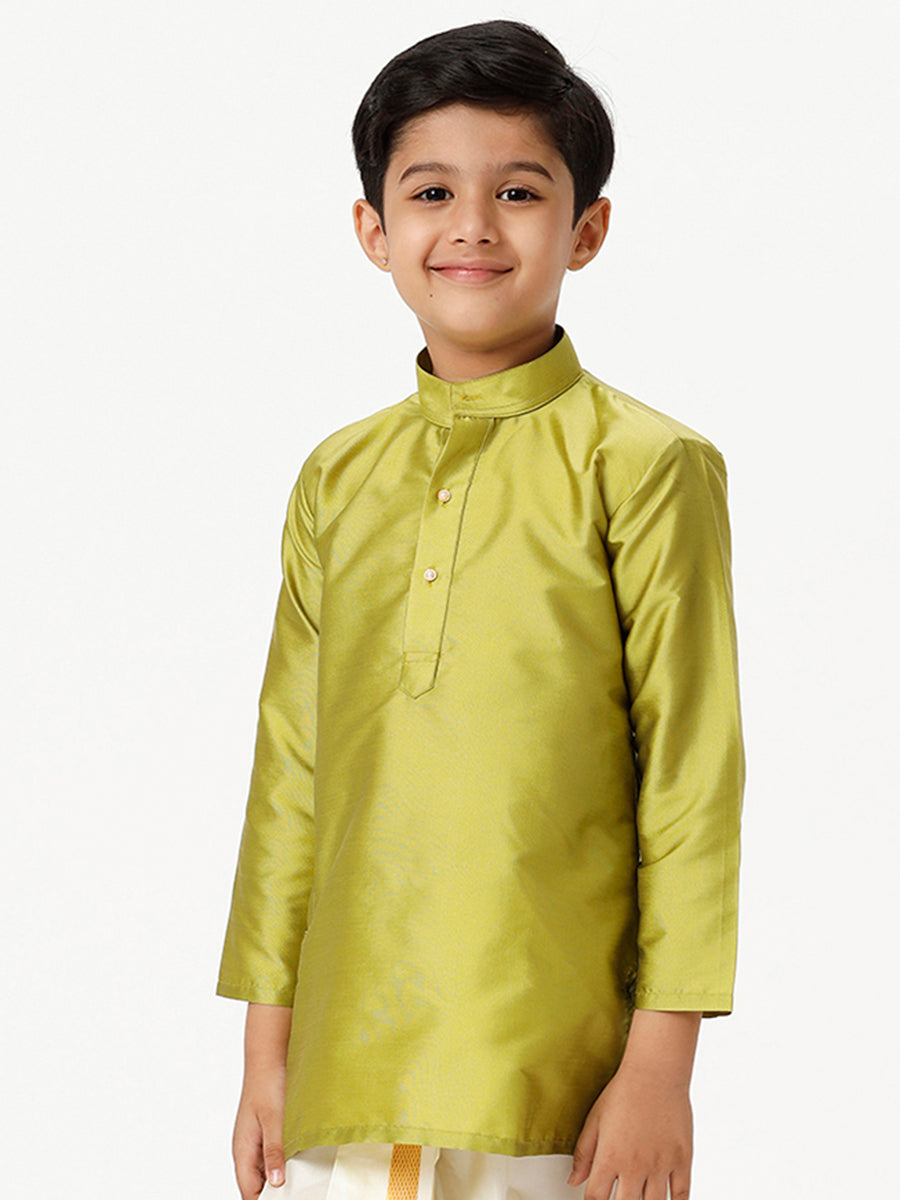 Boys Silk Cotton Full Sleeves Parrot Green Kurta-Front alternativew view