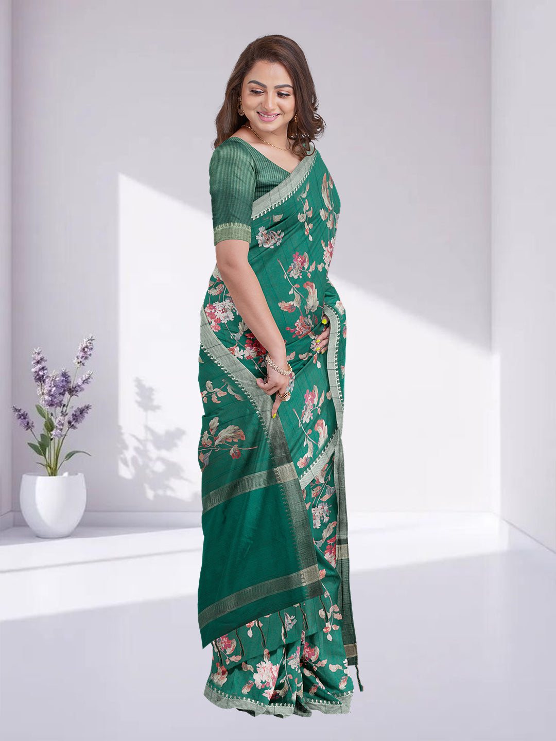 Women Pine Green Semi Raw Silk Printed Saree SRS103