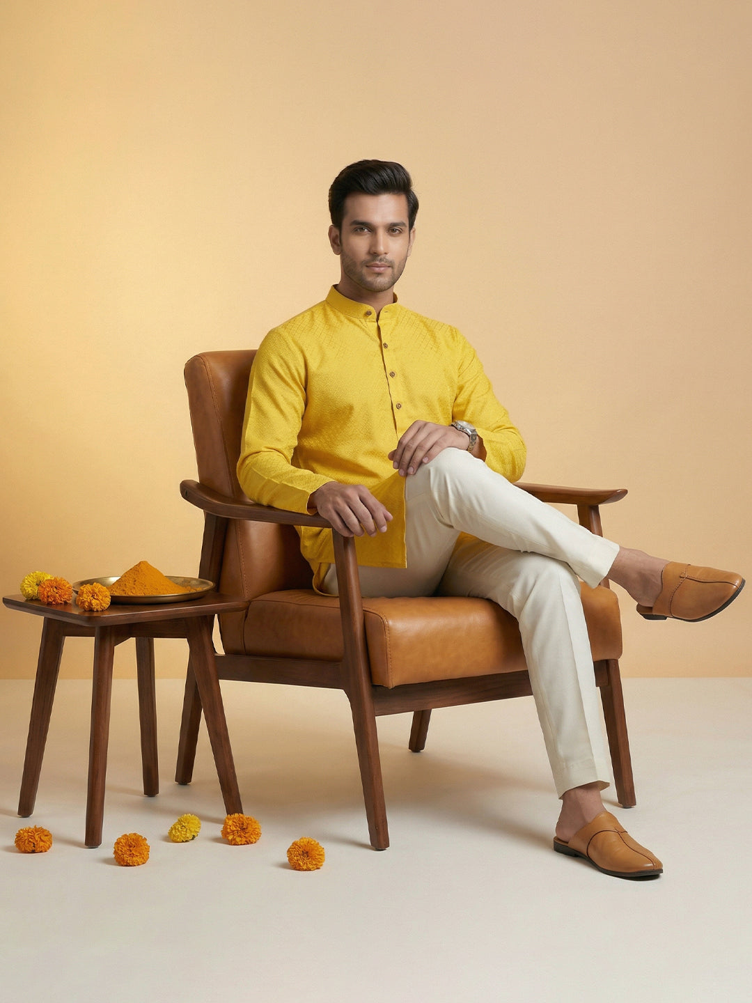 Cotton Medium Length Self Design Pocket Kurta Yellow D3
