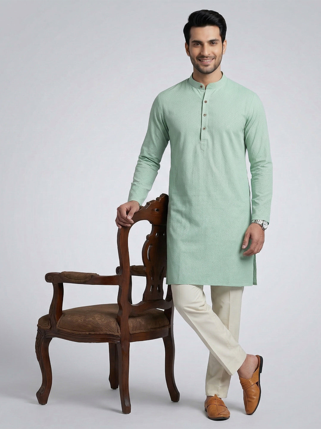 Men Cotton Medium Length Printed Pocket Kurta Greenish Blue MHJ6