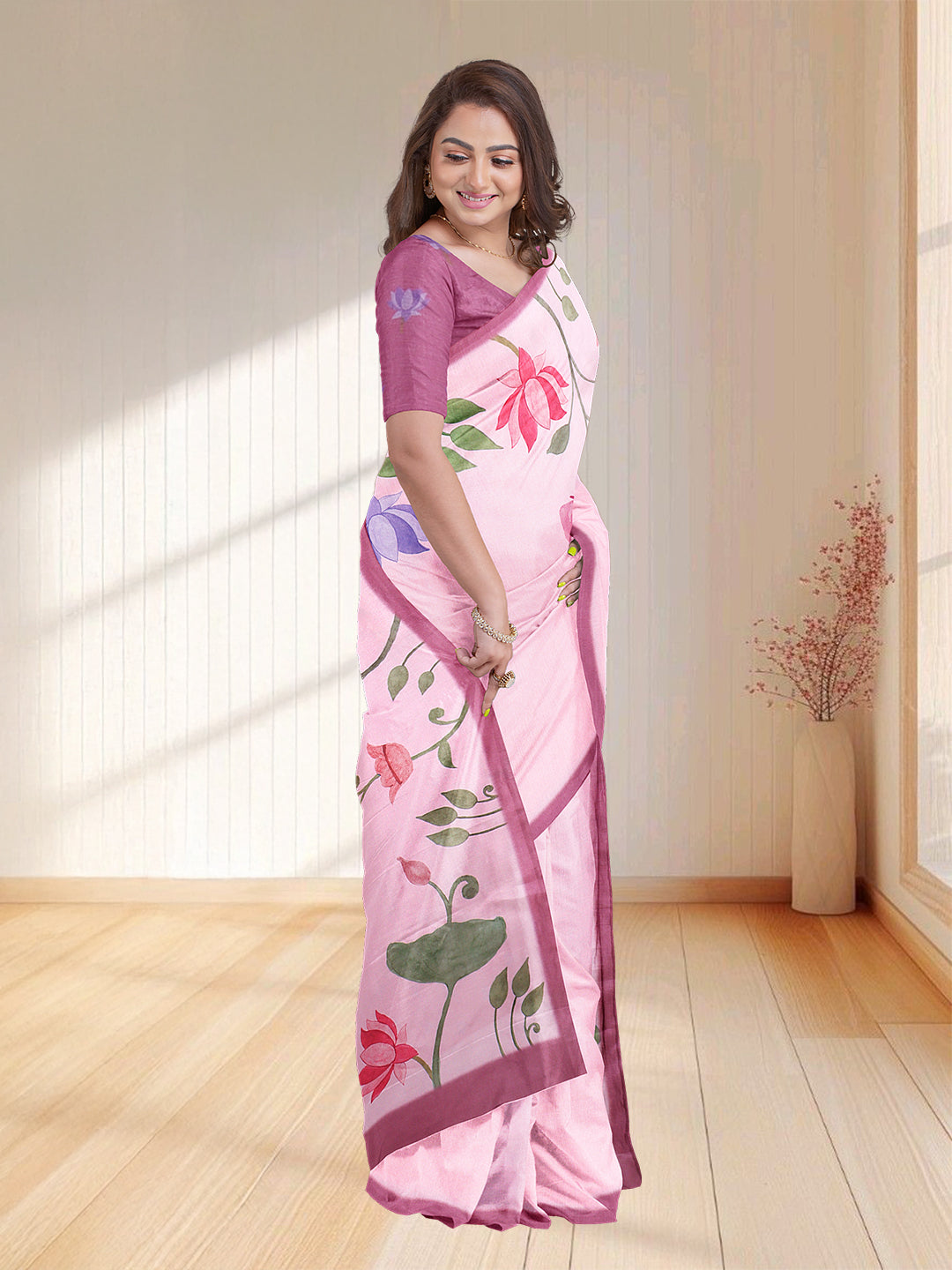 Women Light Pink Semi Tussar Printed Saree ST265