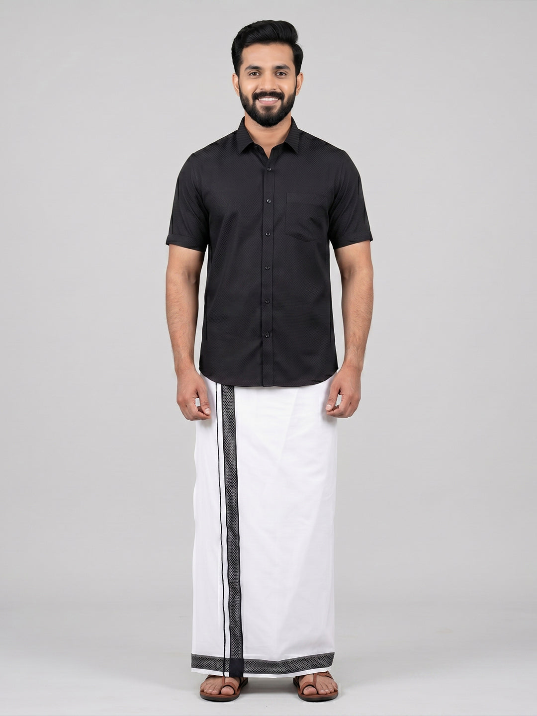 Men Black Matching Border Dhoti With Printed Shirt Set Windsor HNJ6