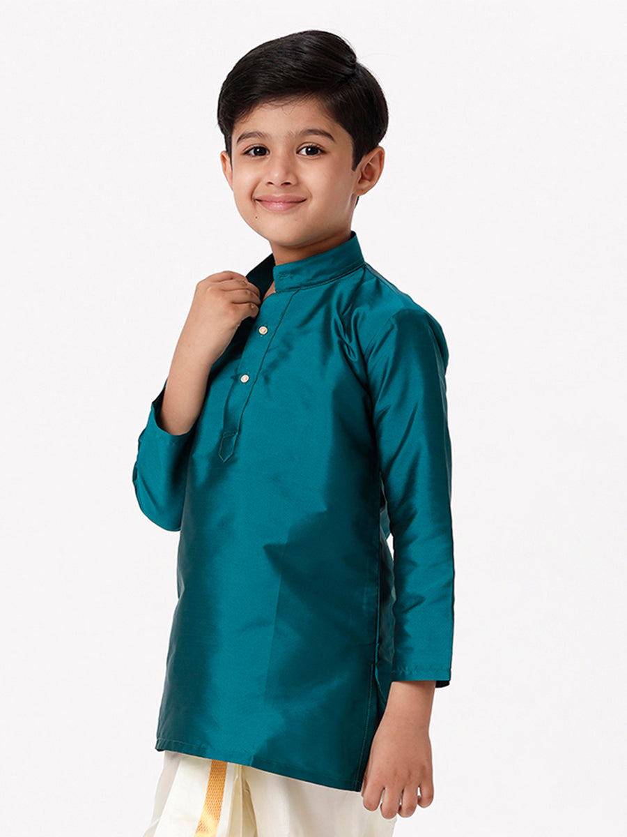 Boys Silk Cotton Full Sleeves Dark Green Kurta-Side view