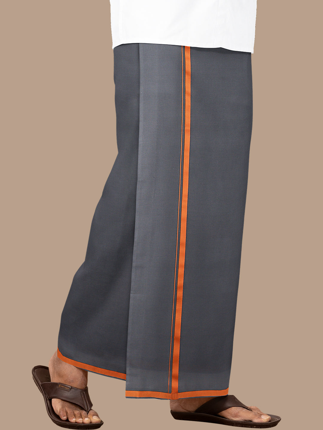 Men 100% Cotton Single Layer Grey Dhoti with Big Border Poojan