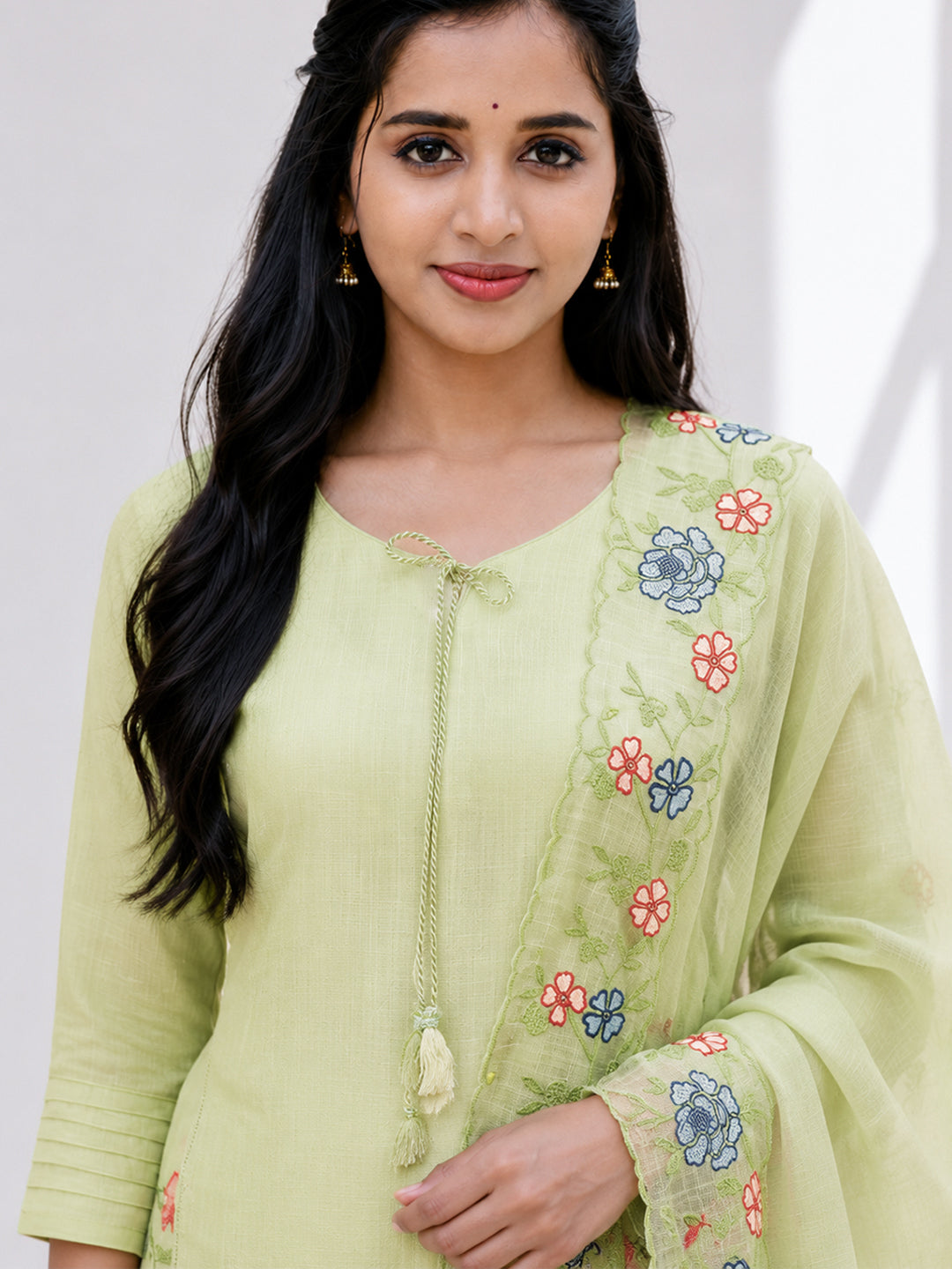 Women Embroidered Pista Green Kurti Set EKS143