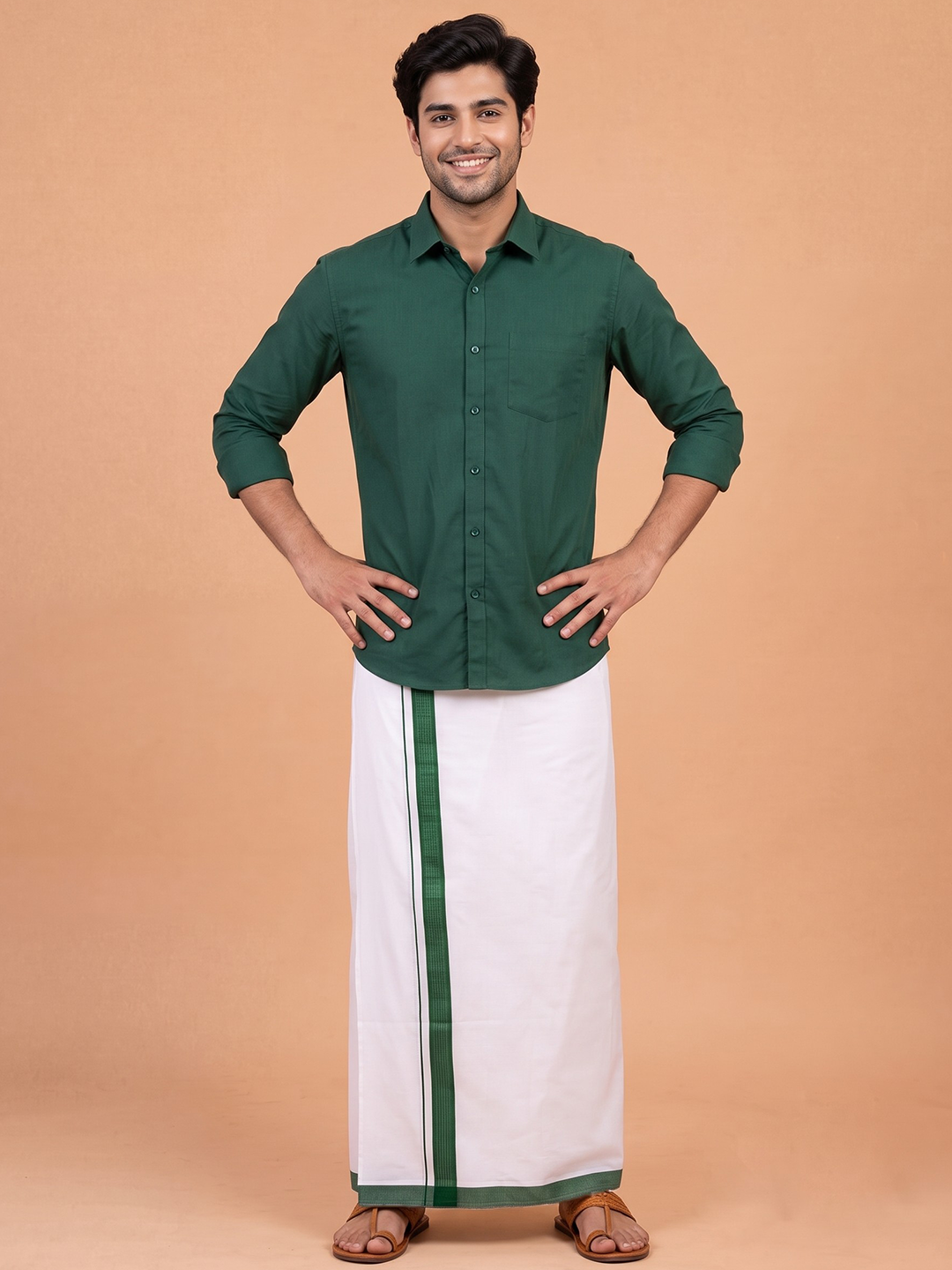 Double Layer Cotton Blend White Dhoti With Green Fancy Border TF19