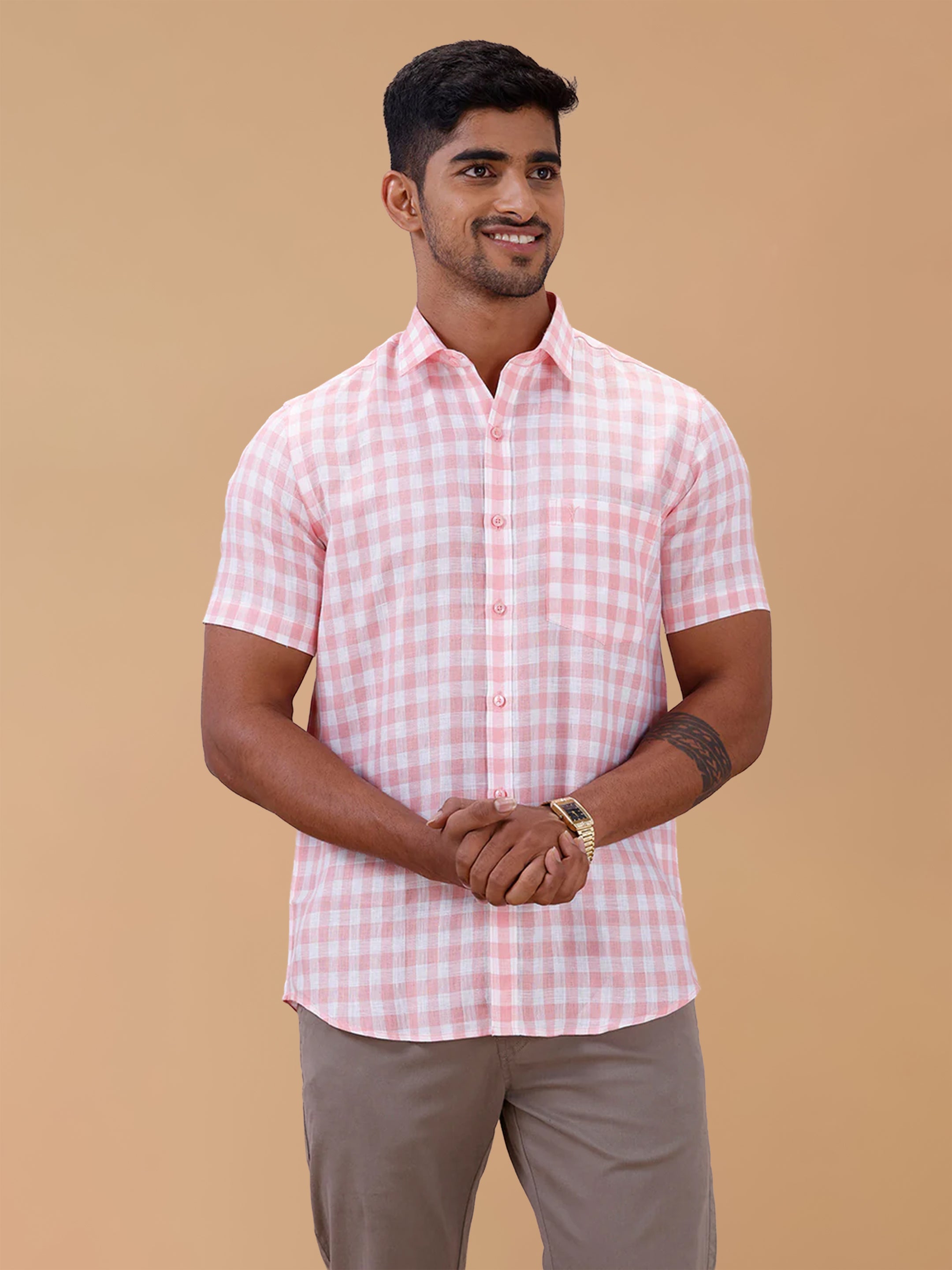 Pure Linen Rose Bud Checked Smart Fit Shirt LS2