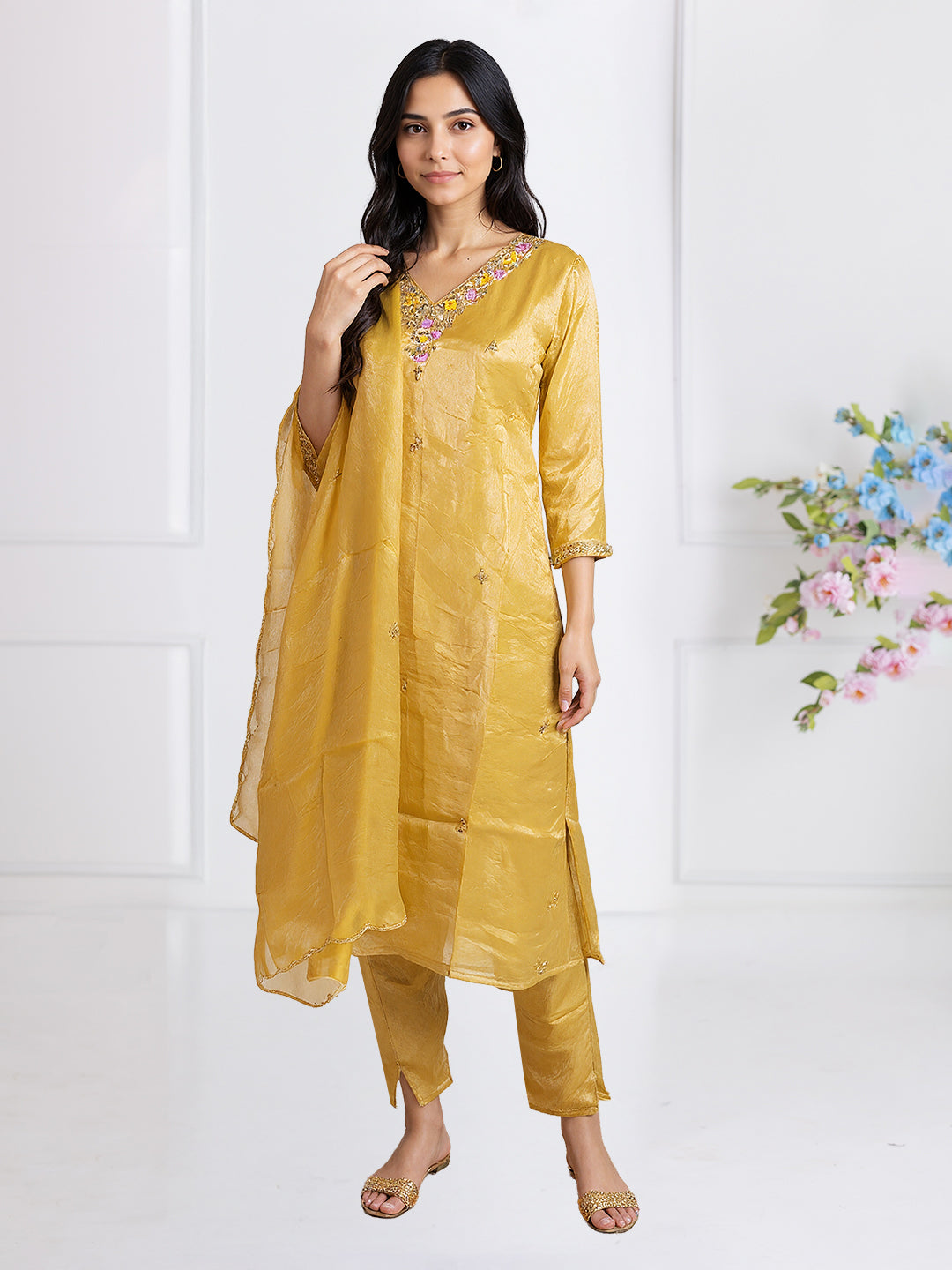 Women Silky Crush Embroidered Kurti Set Gold EKS74
