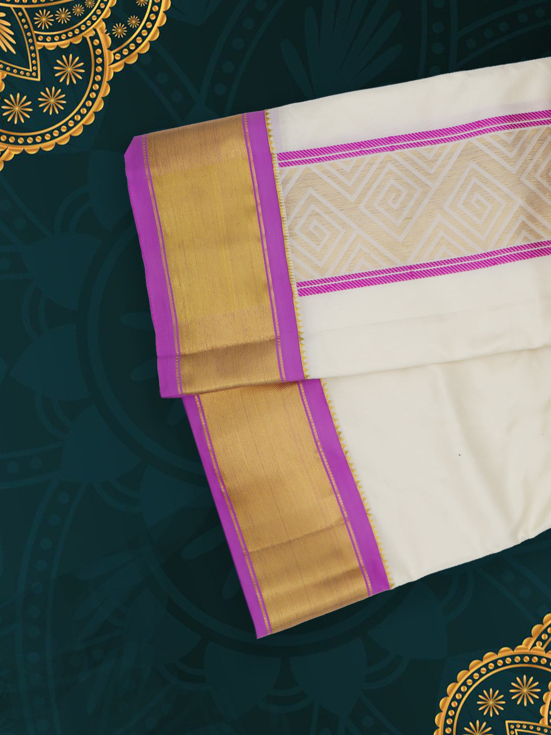 Men Pure Silk Cream Dhoti & Towel Set with 3" inch Fancy Jari Border TK24