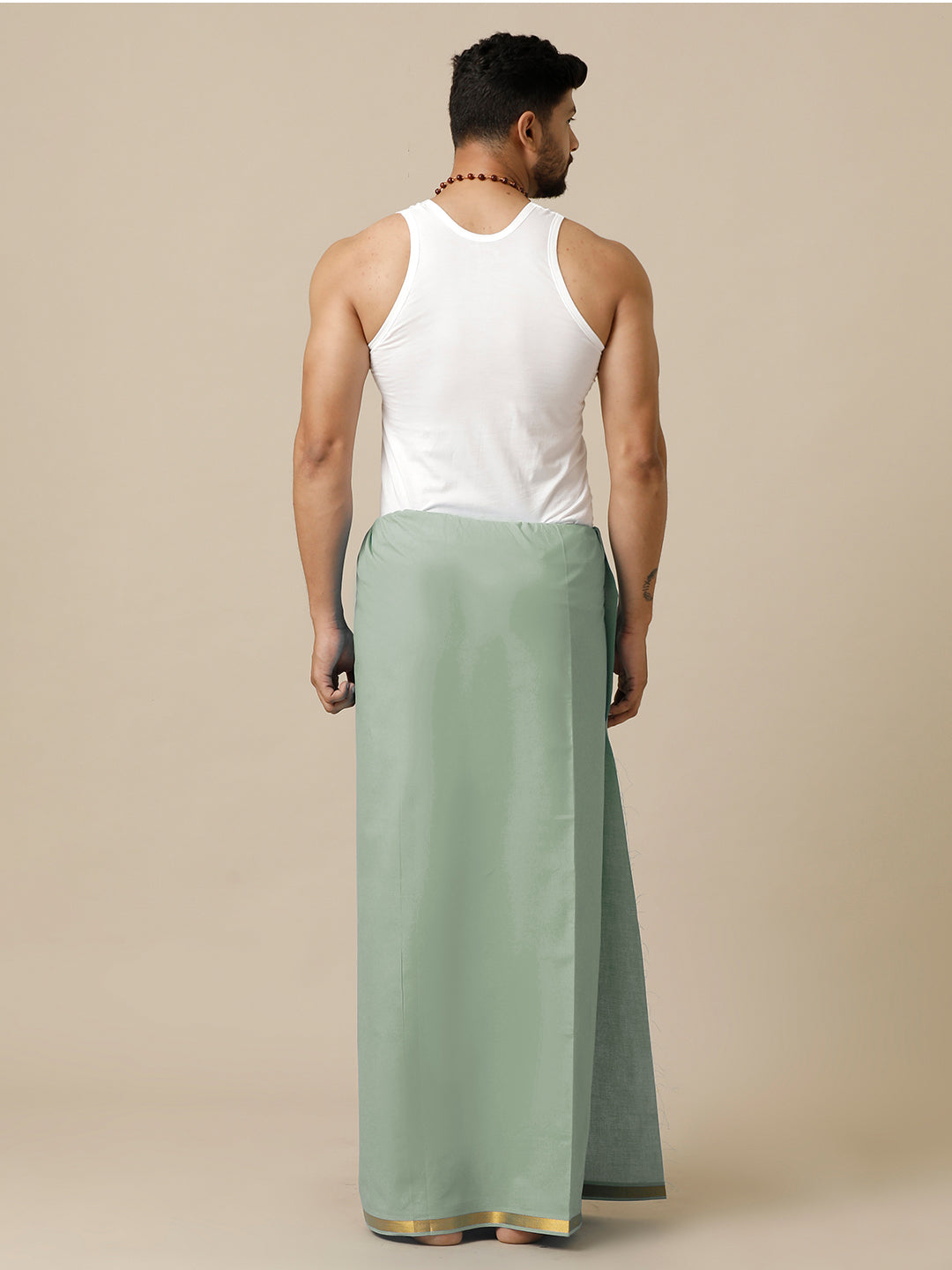 Men Cotton Blend Single Layer Green Dhoti with Gold Jari Border Cosmic 10