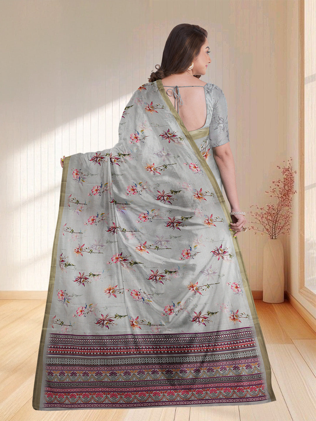 Women Silver Grey Semi Tussar Printed Saree ST249
