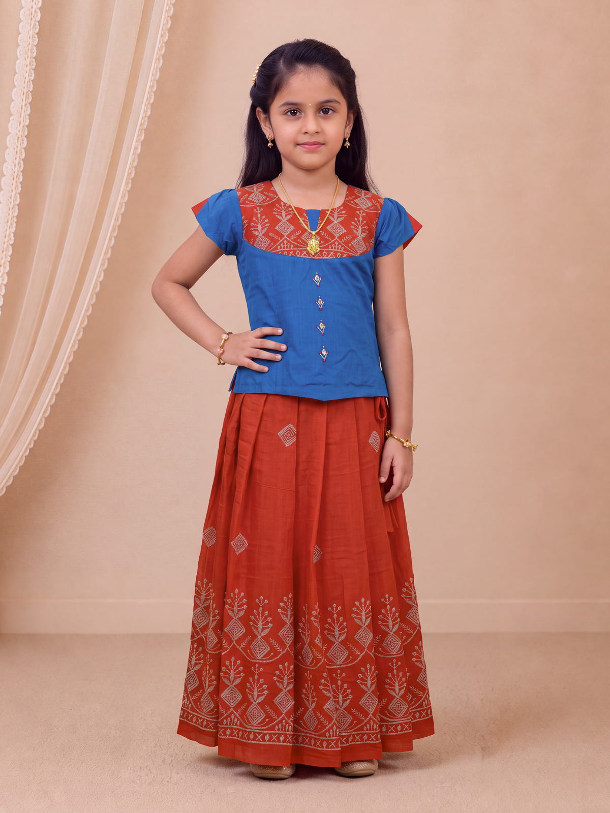 Girls Art Silk Ocean Blue with Dark Orange Pattu Pavadai Set GPS77