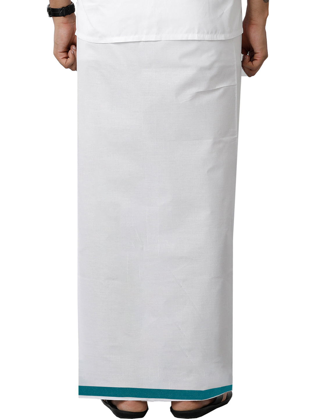Men Cotton Blend Single Layer White Dhoti with Big Border WS10