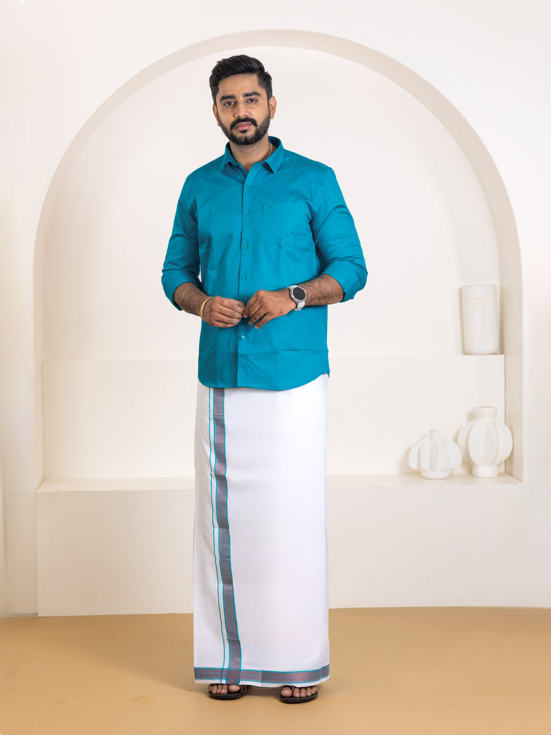 Couple Combo Shirt & Dhoti Set with Saree Jungle Green ASS121