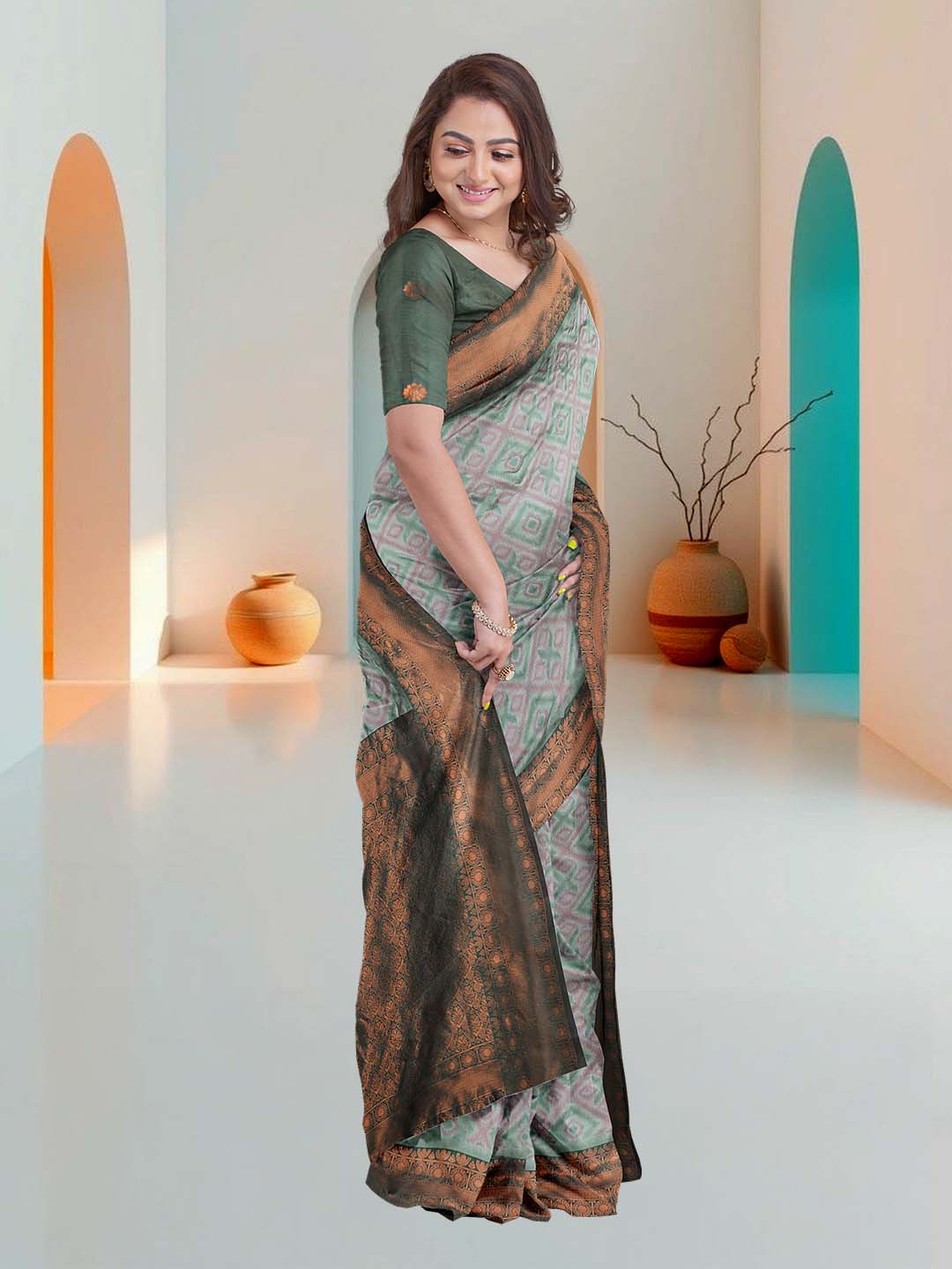 Women Green Art Silk Printed Saree ASS48