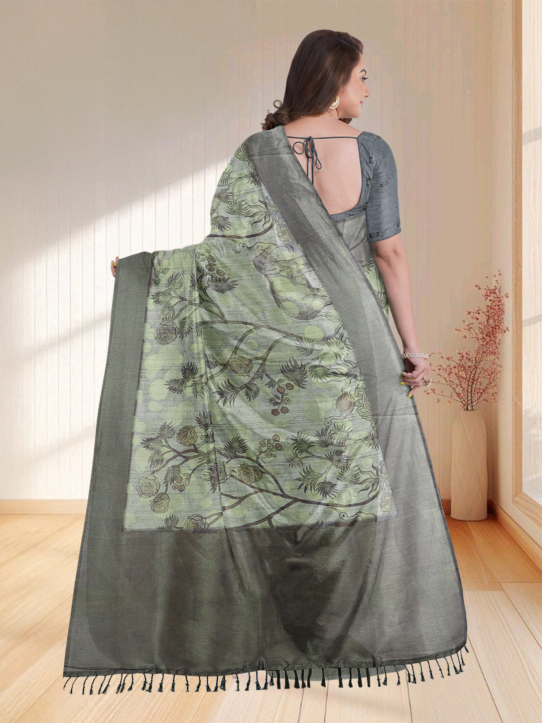 Women Green Semi Tussar Printed Saree ST260