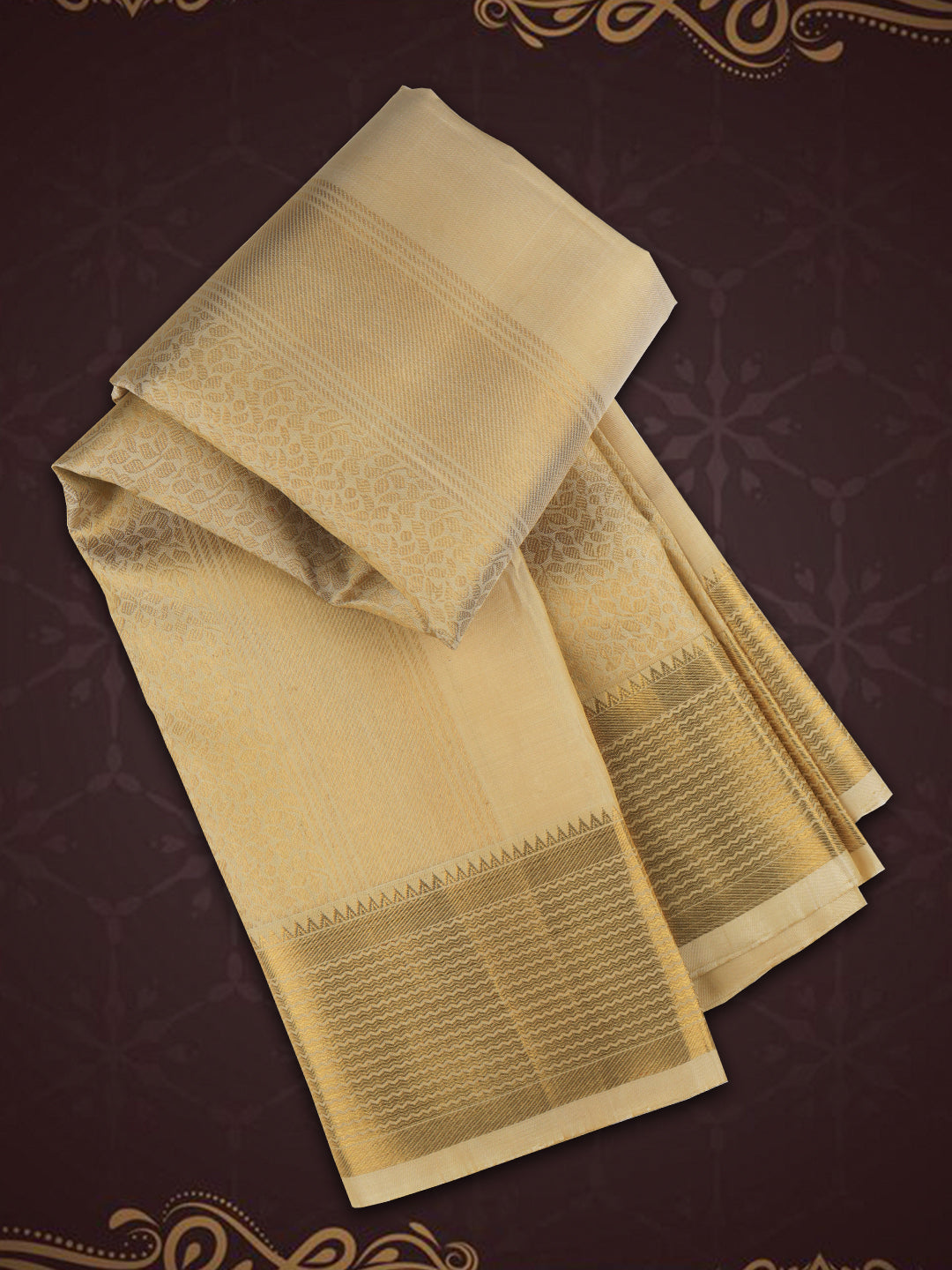 Men Premium Pure Silk Emboss Design Dhoti and Towel Set with 2-gram Gold Jari Fancy Border Agarshana