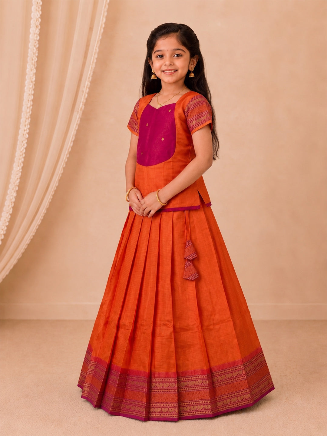 Girls Cotton Orange with Purple Pattu Pavadai Set GPS52