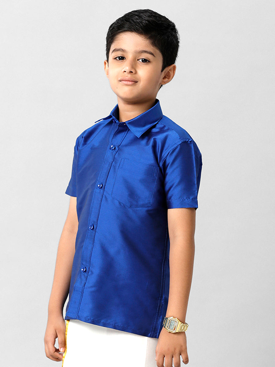 Boys Silk Cotton Light Blue Half Sleeves Shirt K5-Side view