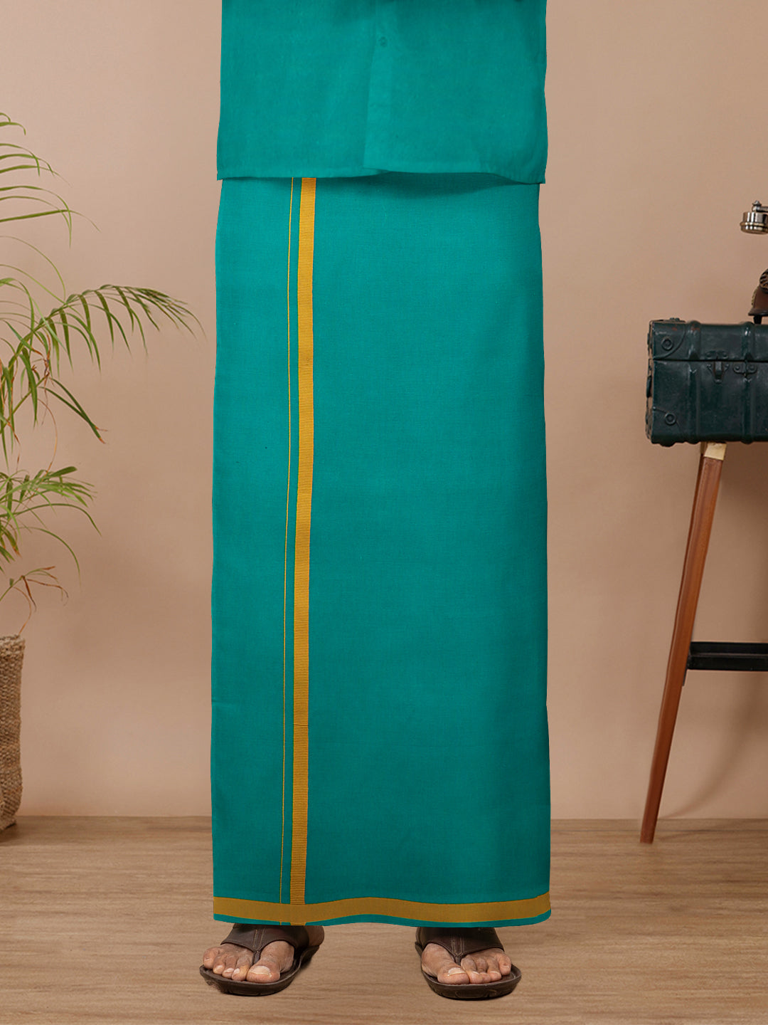 Men Cotton Blend Single Layer Green Dhoti with Big Border Poojan