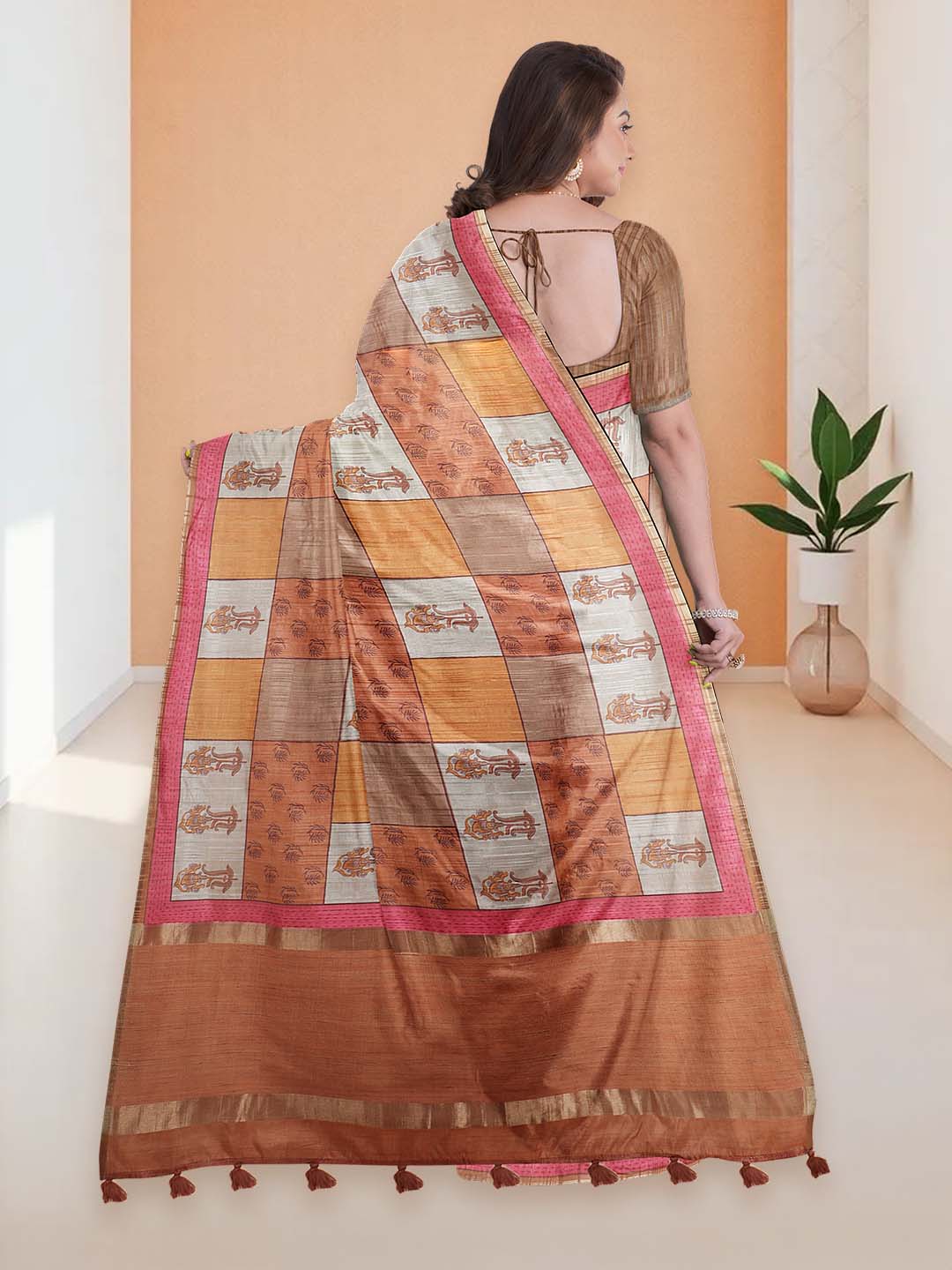 Women Burnt Orange Semi Tussar Printed Saree ST298