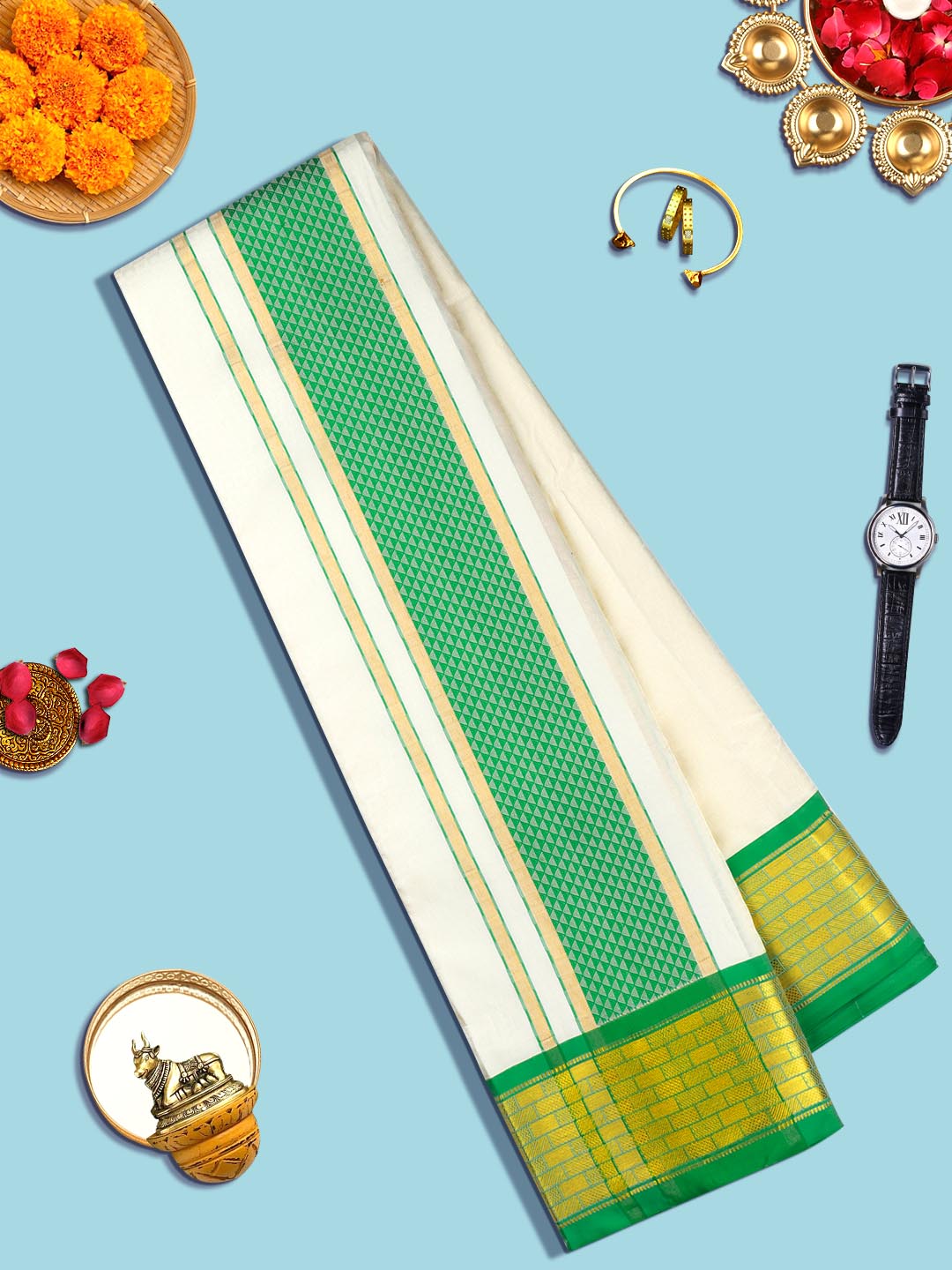 Mens Pure Silk Cream Embossed Design 3" green Jari Border With Towel Thirukalyan-View one