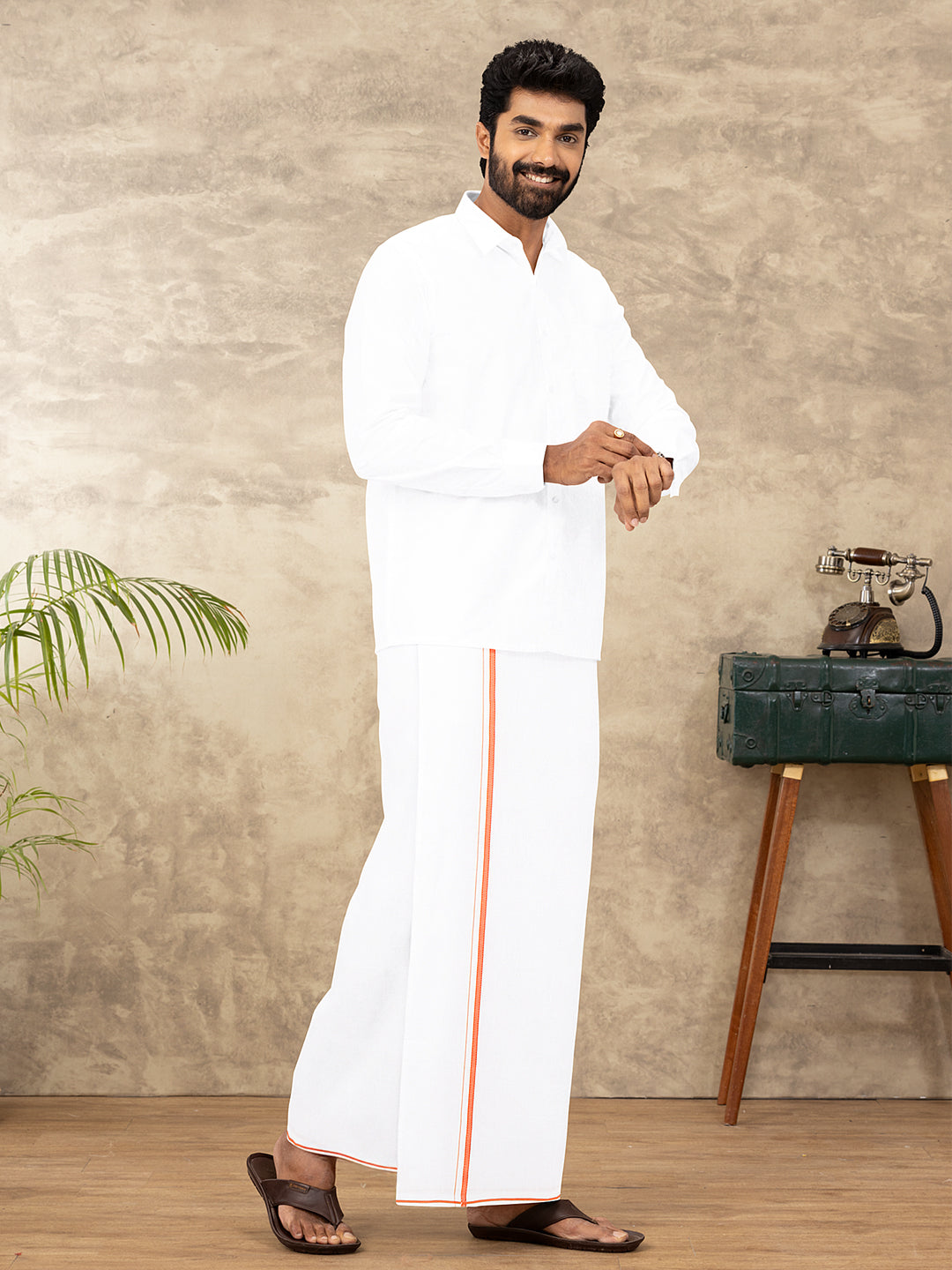 Men 100% Cotton Single Layer White Dhoti with Assorted Border Vaigai Fancy
