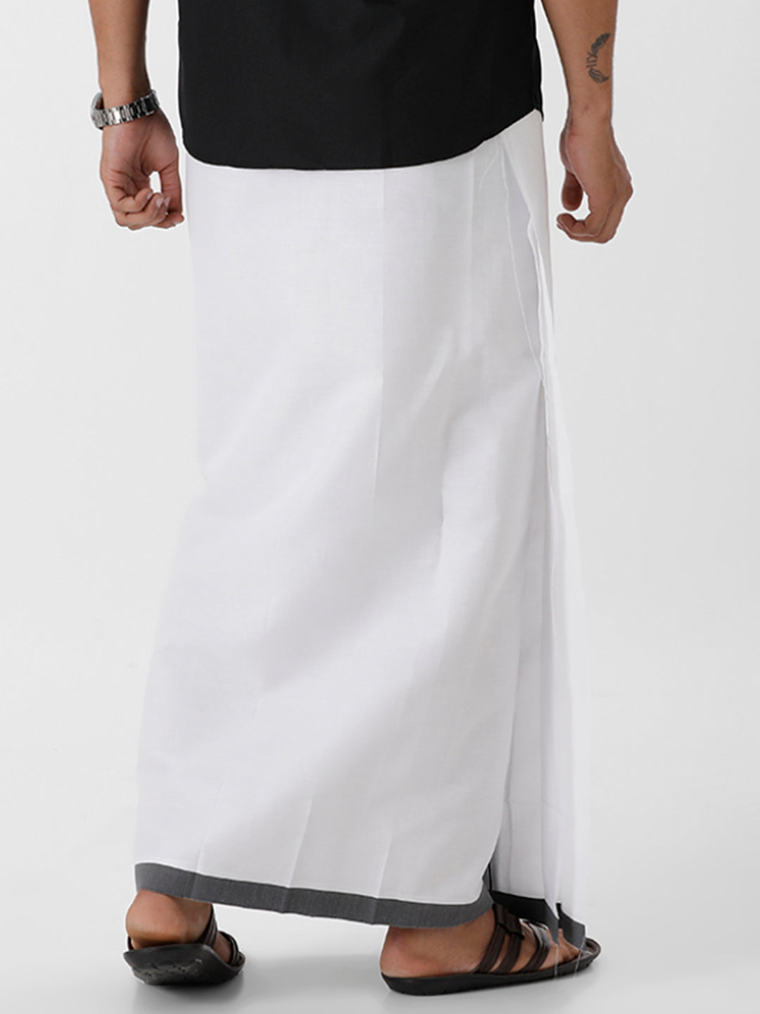 Men Cotton Blend Double Layer White Dhoti with Big Border RS01