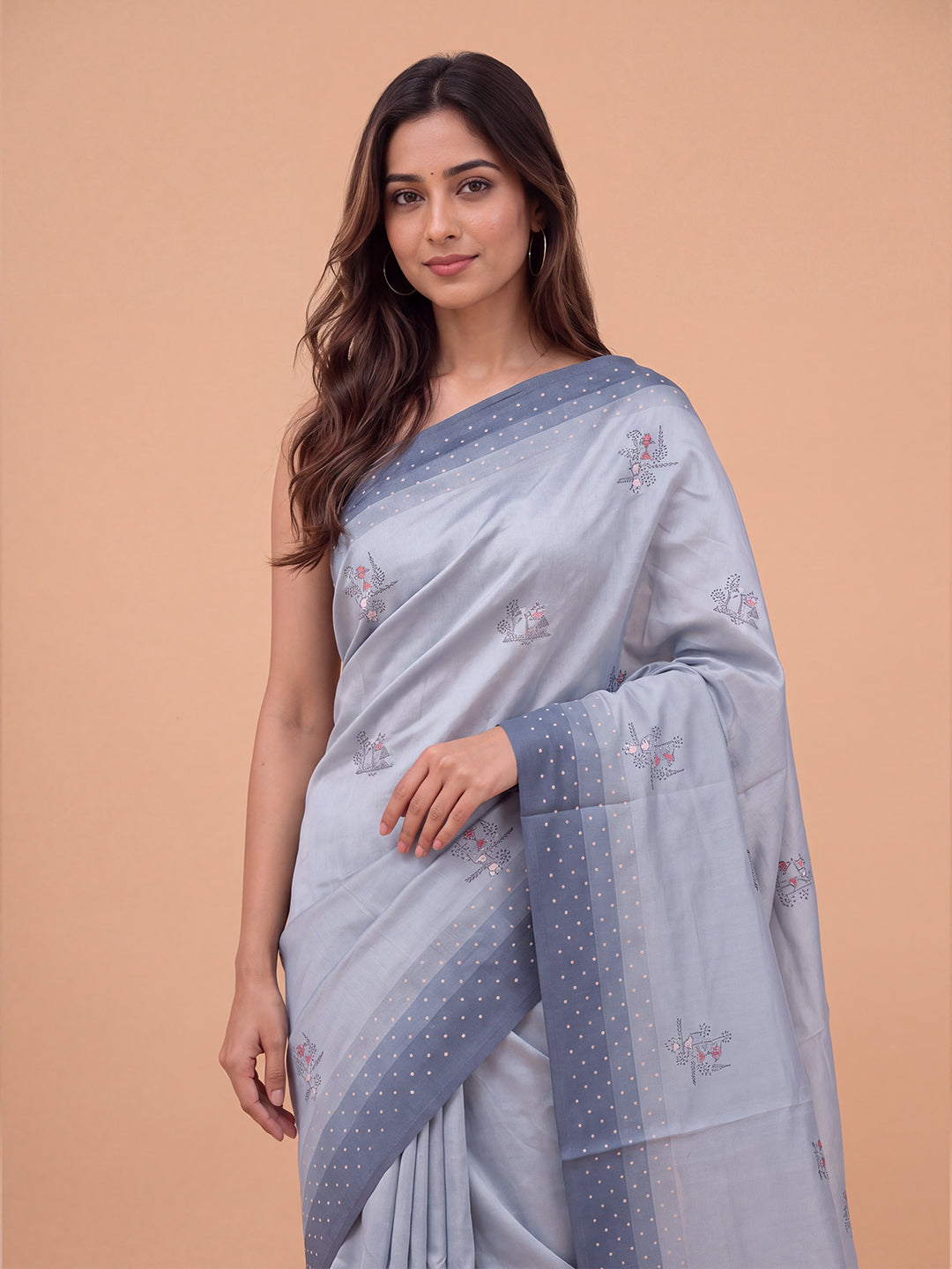 Women Semi Linen Blue Embroidered Saree SL268