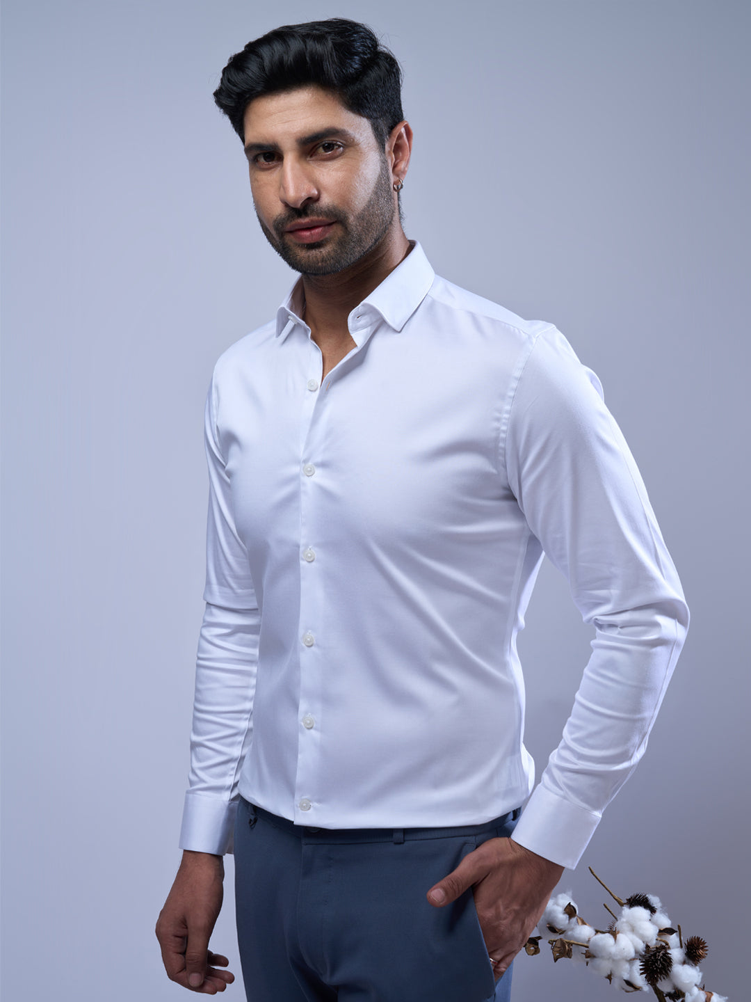 Men Stretch Cotton Shirt White FS12