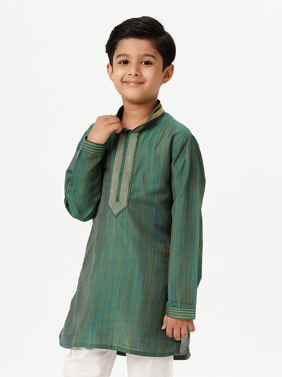 Boys Cotton Embellished Neckline Full Sleeves Dark Green Kurta-Side view