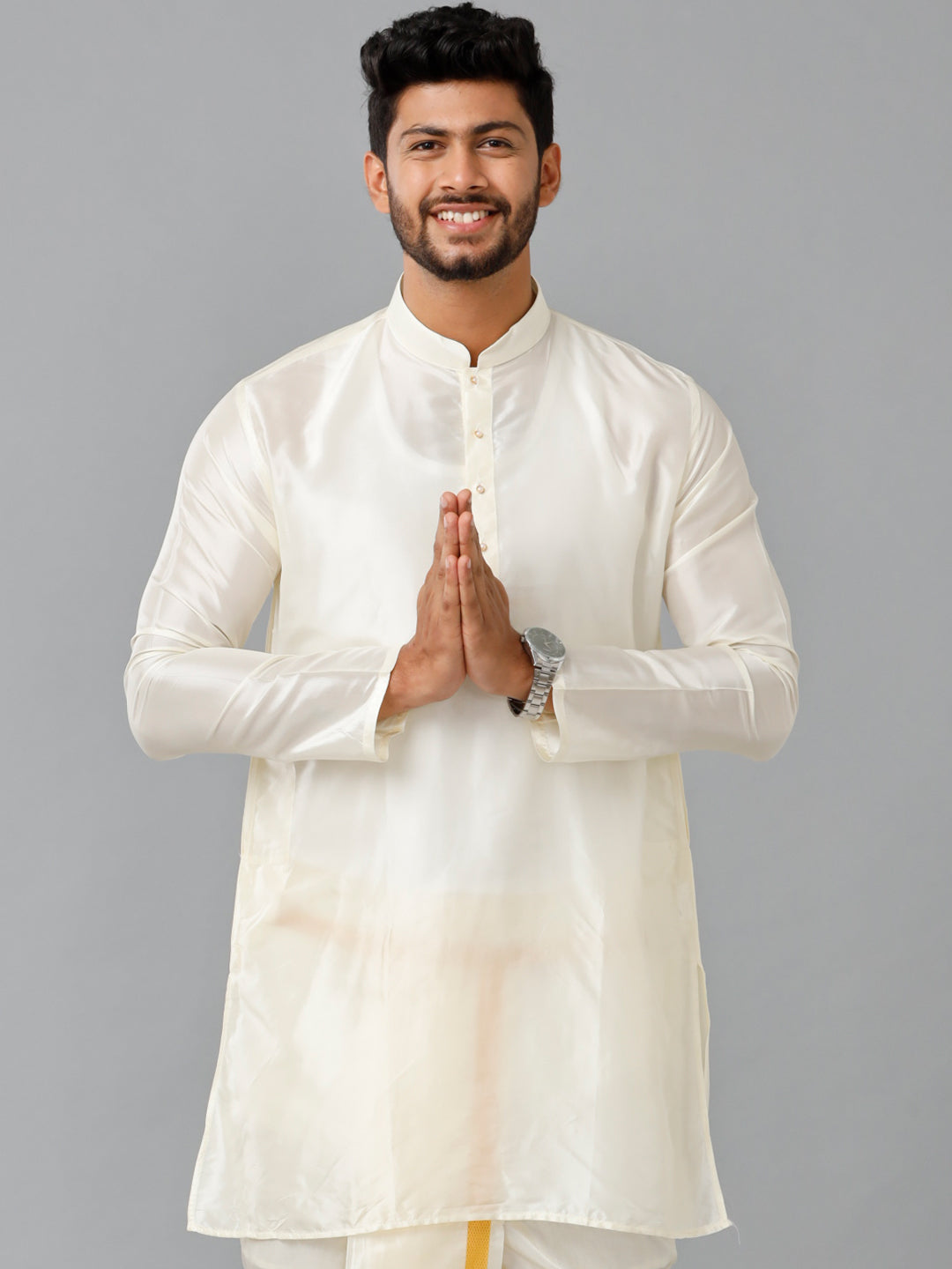 Men Soft Silk Medium Length Plain Kurta Cream