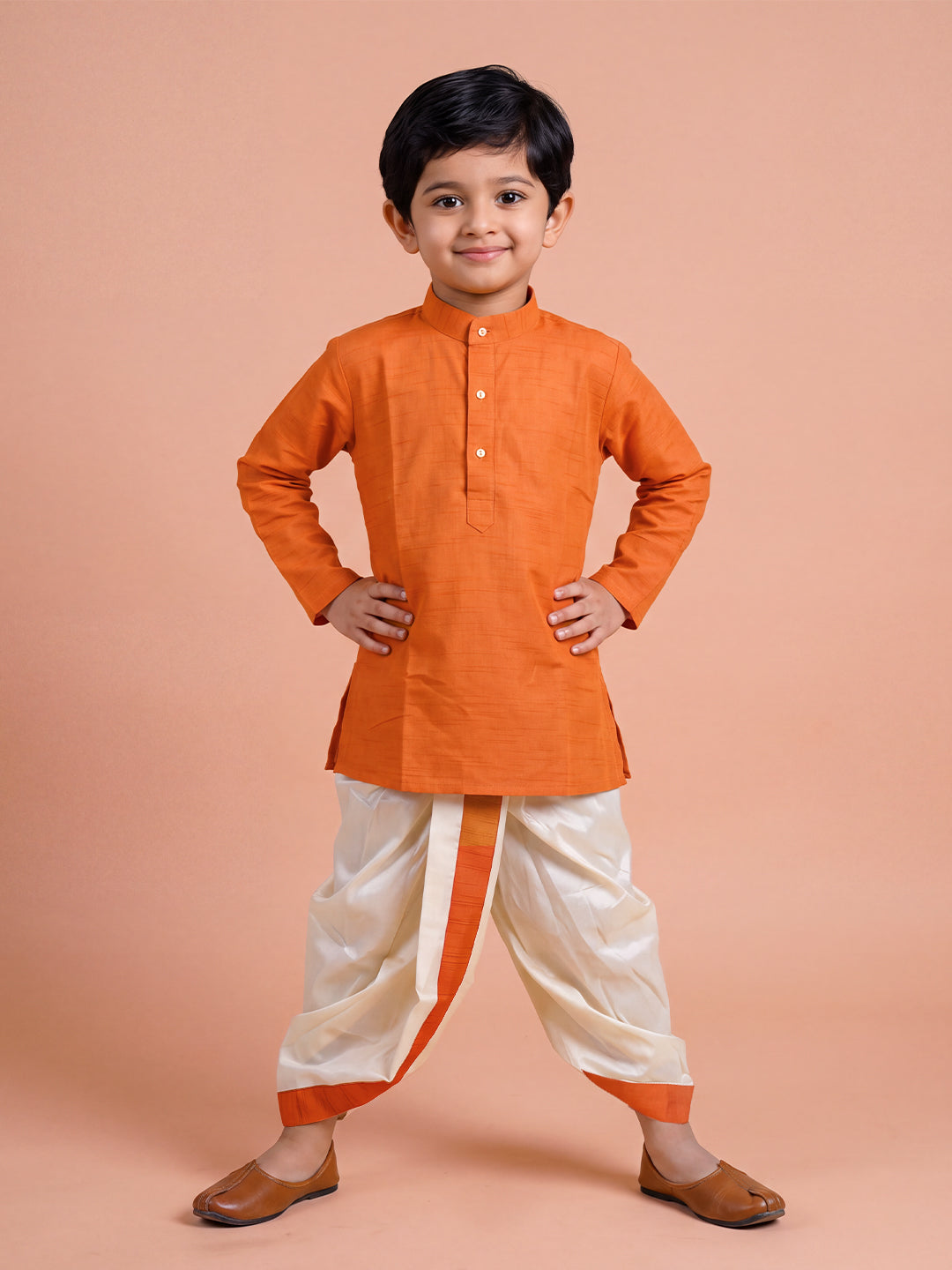 Boys Slub Cotton Full Sleeves Orange Kurta with Panchakacham Combo Set SL5