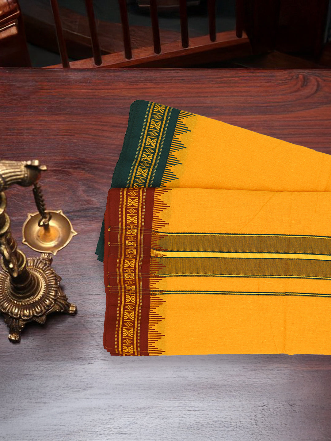 Men 100% Cotton Fancy Border Panchakacham with Angavasthram Mango (9+5)