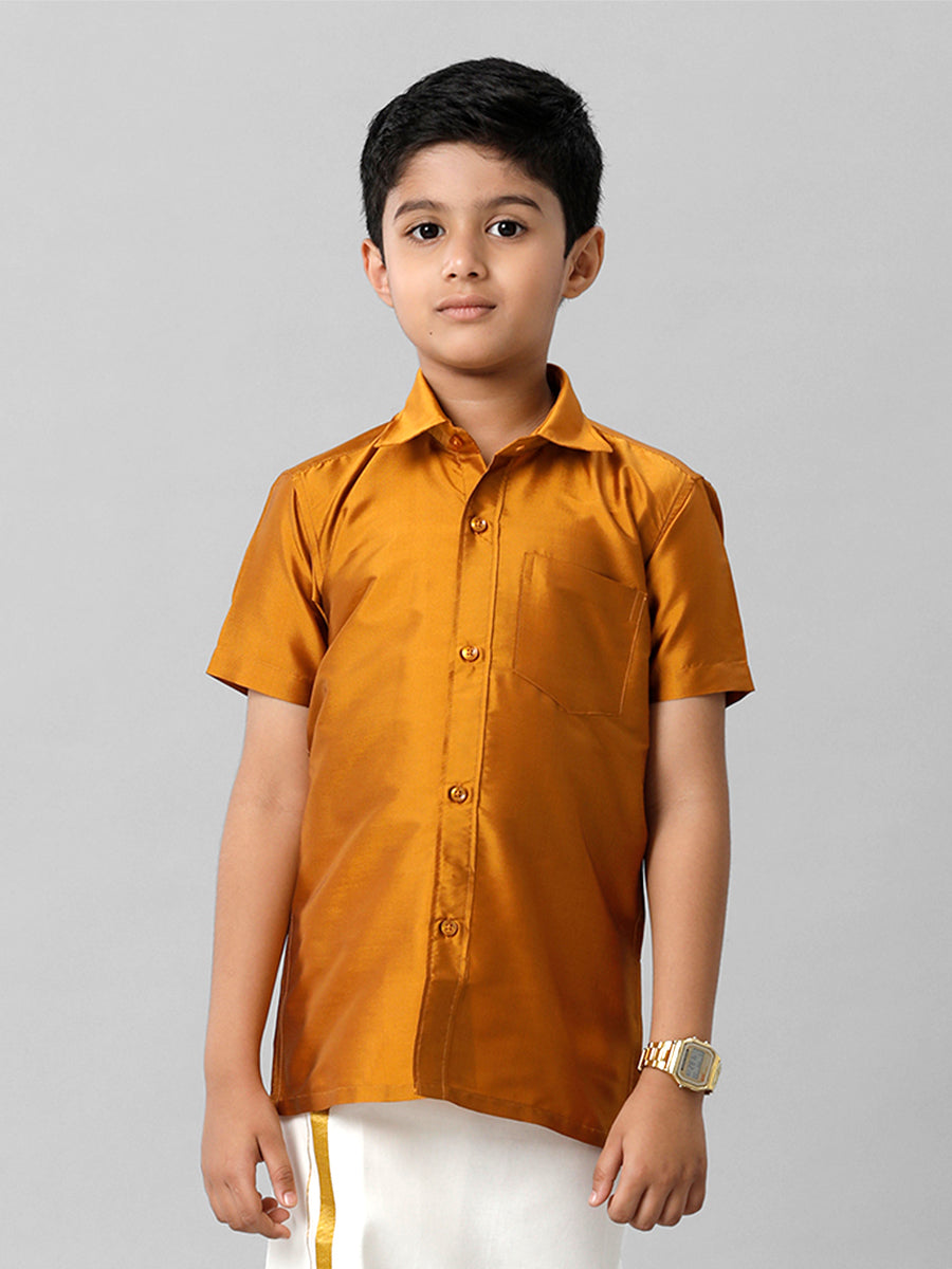 Boys Silk Cotton Mustard Half Sleeves Shirt K37-Front view