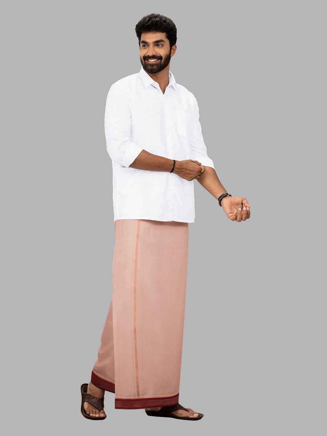 Men 100% Cotton Double Layer Light Copper Dhoti with Mayilkhan Border